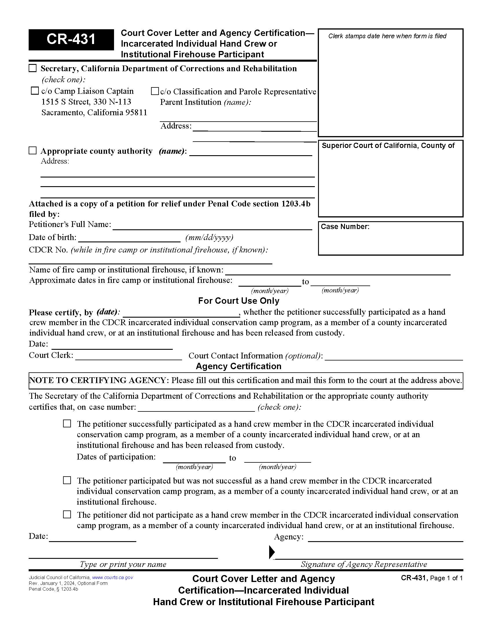 Court Cover Letter And Agency Certification-Incarcerated Individual Hand Crew {CR-431} | Pdf Fpdf Docx | California