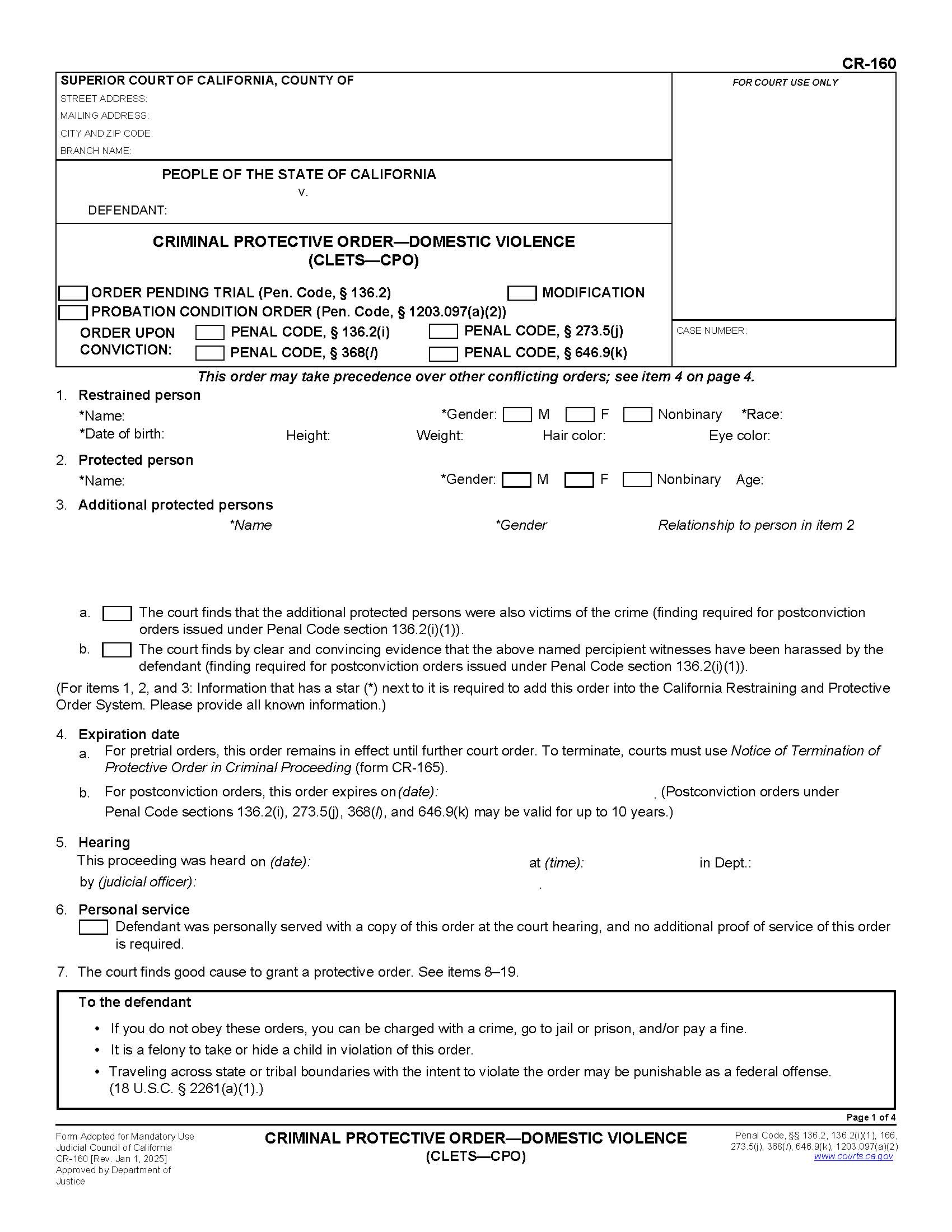 Criminal Protective Order-Domestic Violence (CLETS-CPO) {CR-160} | Pdf Fpdf Doc Docx | California