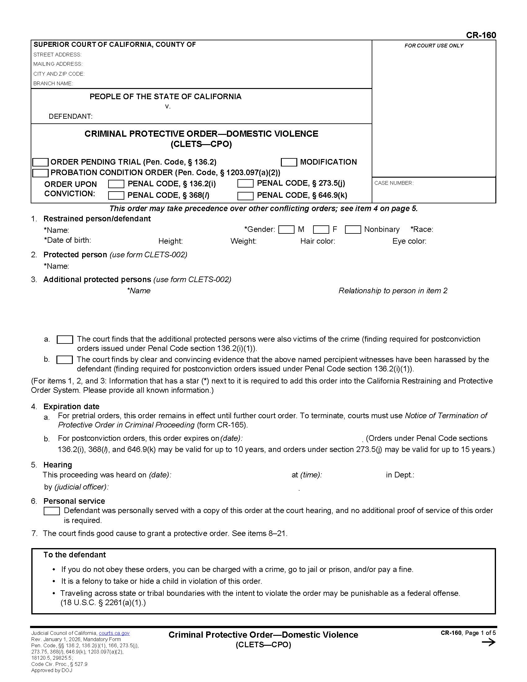 Criminal Protective Order-Domestic Violence (CLETS-CPO) {CR-160} | Pdf Fpdf Doc Docx | California
