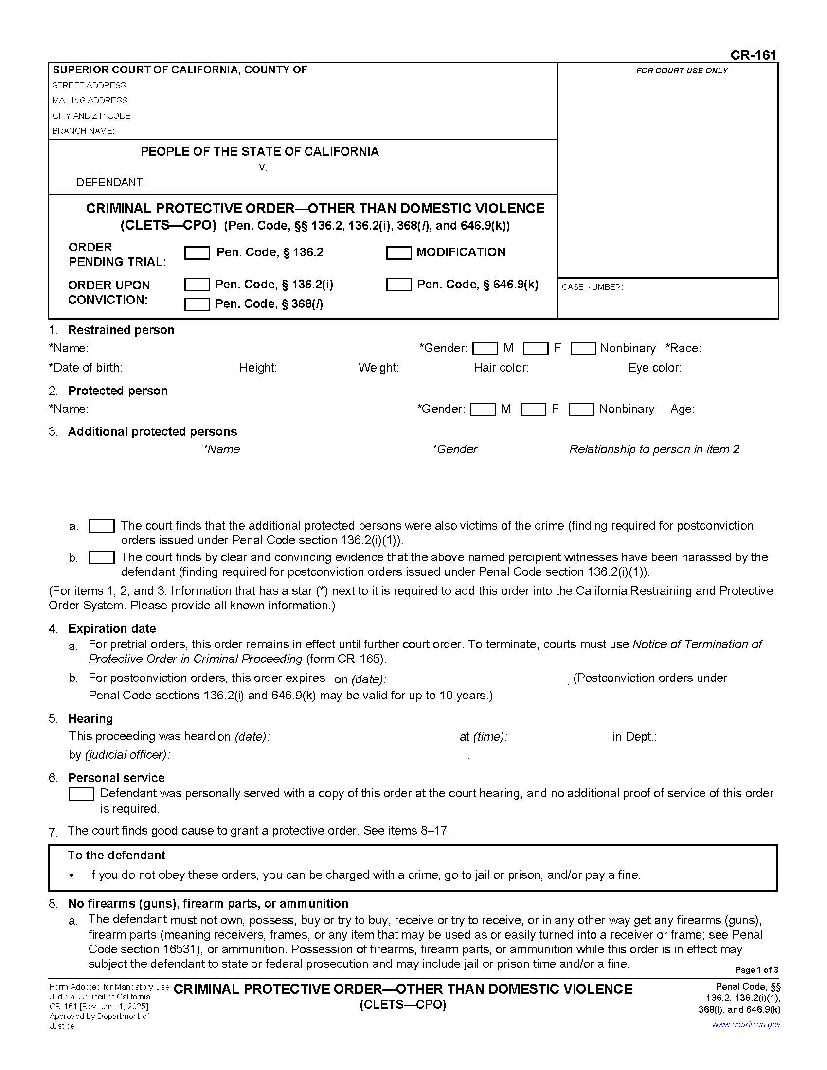 Criminal Protective Order-Other Than Domestic Violence (CLETS-CPO) {CR-161} | Pdf Fpdf Doc Docx | California