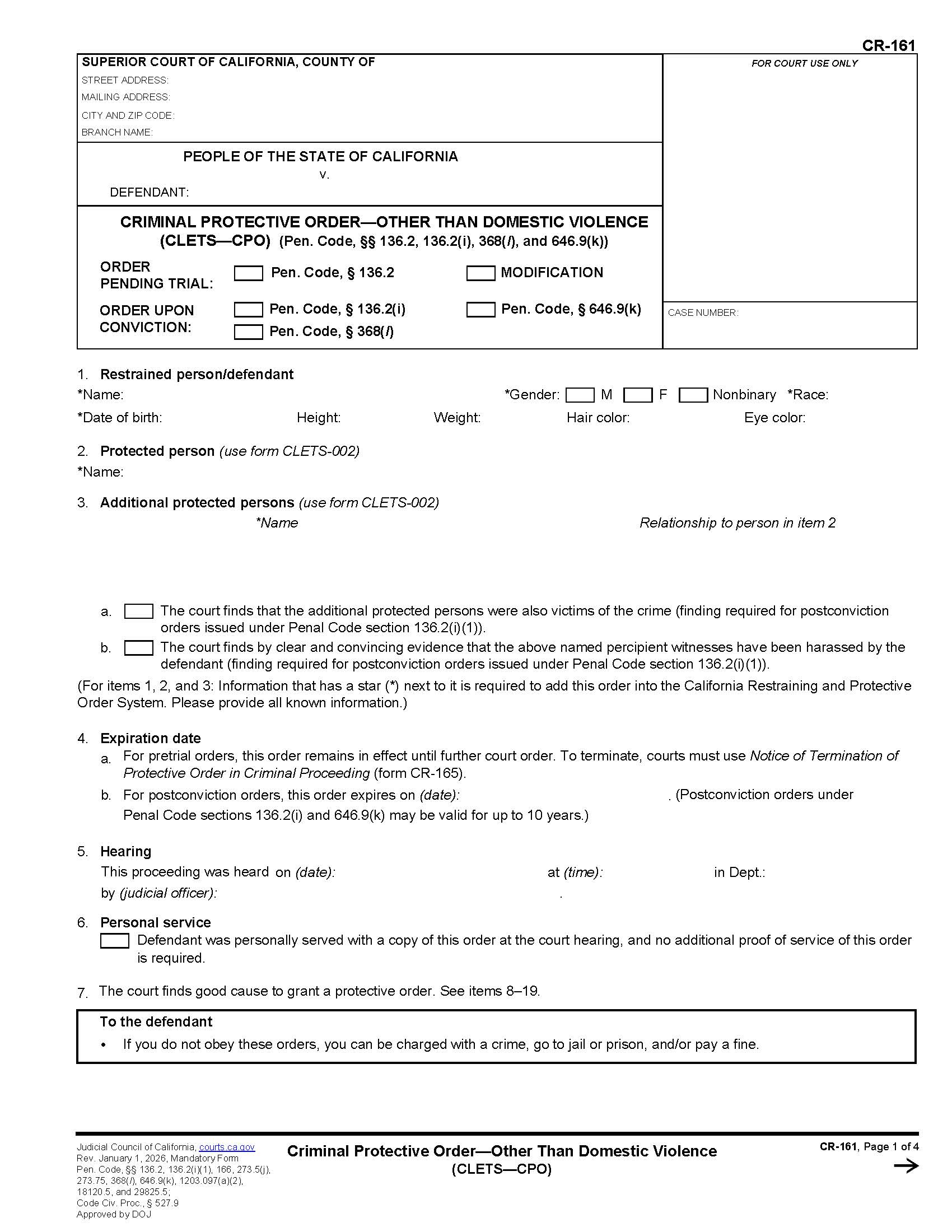 Criminal Protective Order-Other Than Domestic Violence (CLETS-CPO) {CR-161} | Pdf Fpdf Doc Docx | California