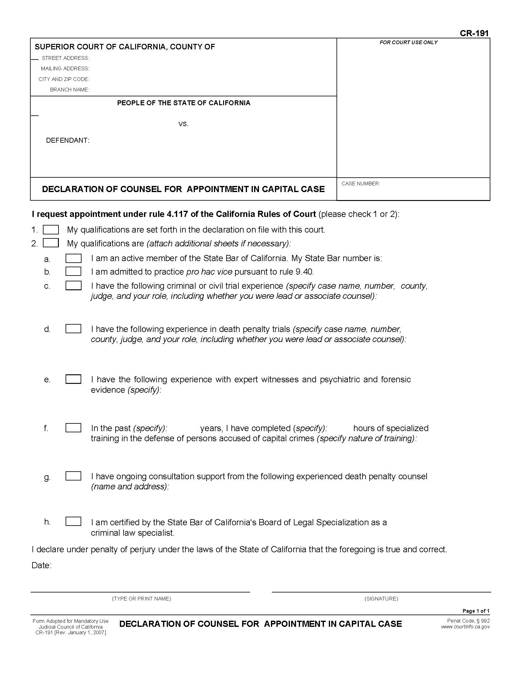 Declaration Of Counsel For Appointment In Capital Case {CR-191} | Pdf Fpdf Doc Docx | California