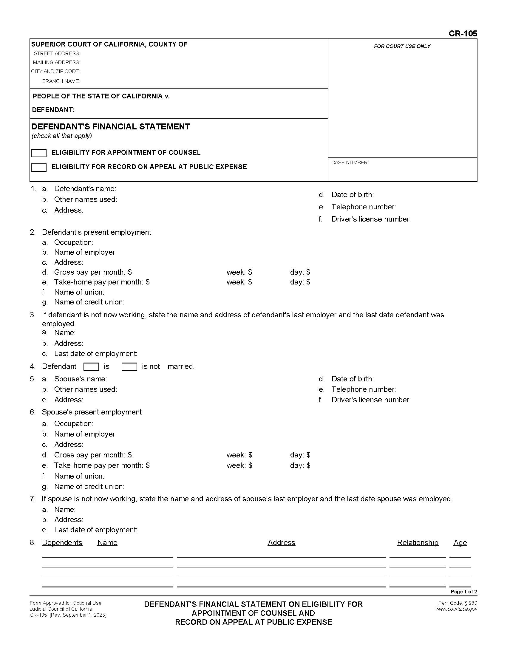 Defendants Financial Statement On Eligibility For Appointment Of Counsel And Reimbursement {CR-105} | Pdf Fpdf Docx | California