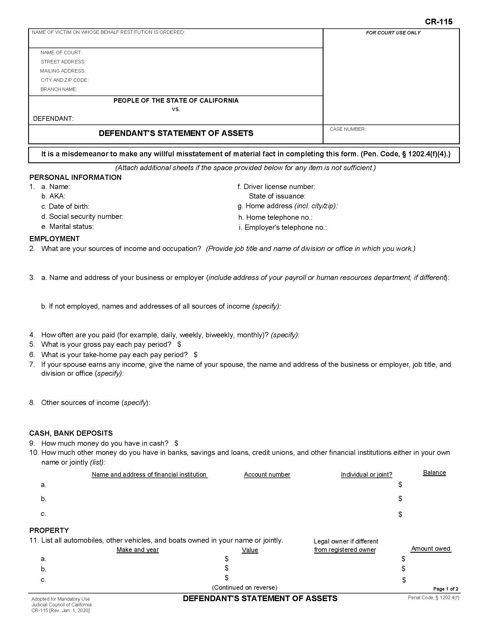 Defendants Statement Of Assets {CR-115} | Pdf Fpdf Doc Docx | California