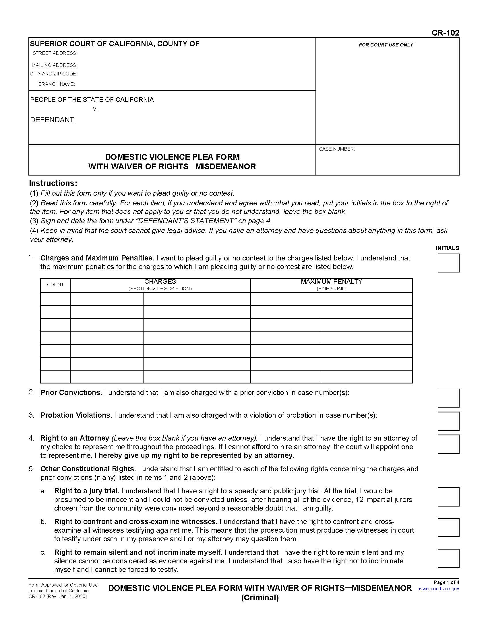 Domestic Violence Plea Form With Waiver Of Rights (Misdemeanor) {CR-102} | Pdf Fpdf Doc Docx | California