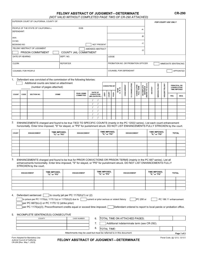 Felony Abstract Of Judgment-Prison Commitment-Determinate {CR-290} | Pdf Fpdf Docx | California