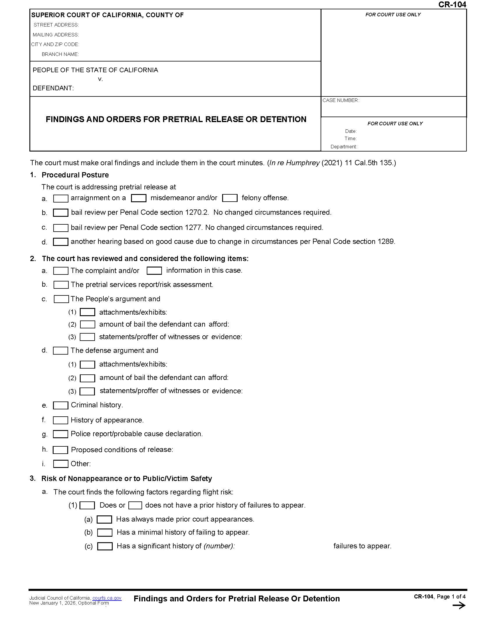 Findings And Orders For Pretrial Release Or Detention {CR-104} | Pdf Fpdf Docx | California