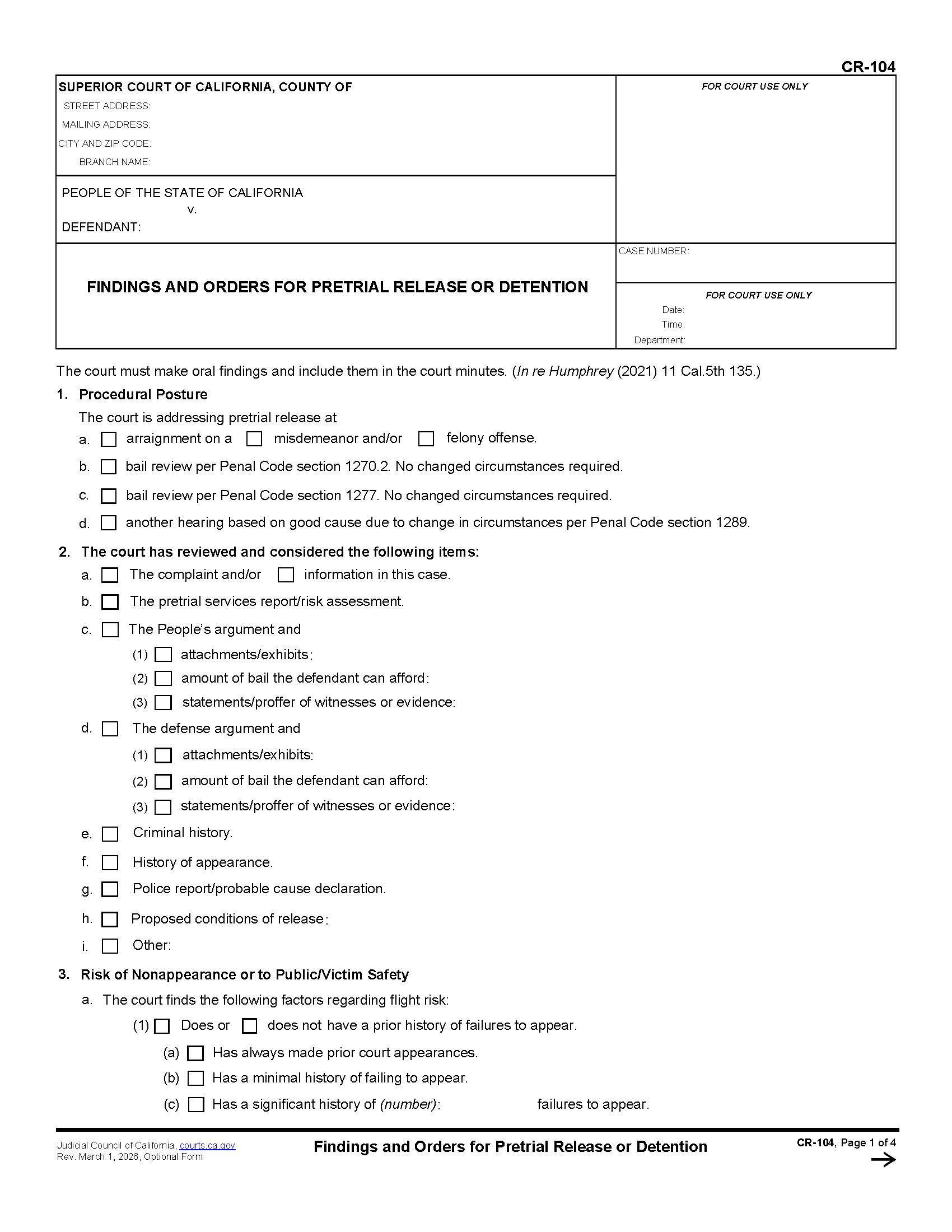 Findings And Orders For Pretrial Release Or Detention {CR-104} | Pdf Fpdf Docx | California