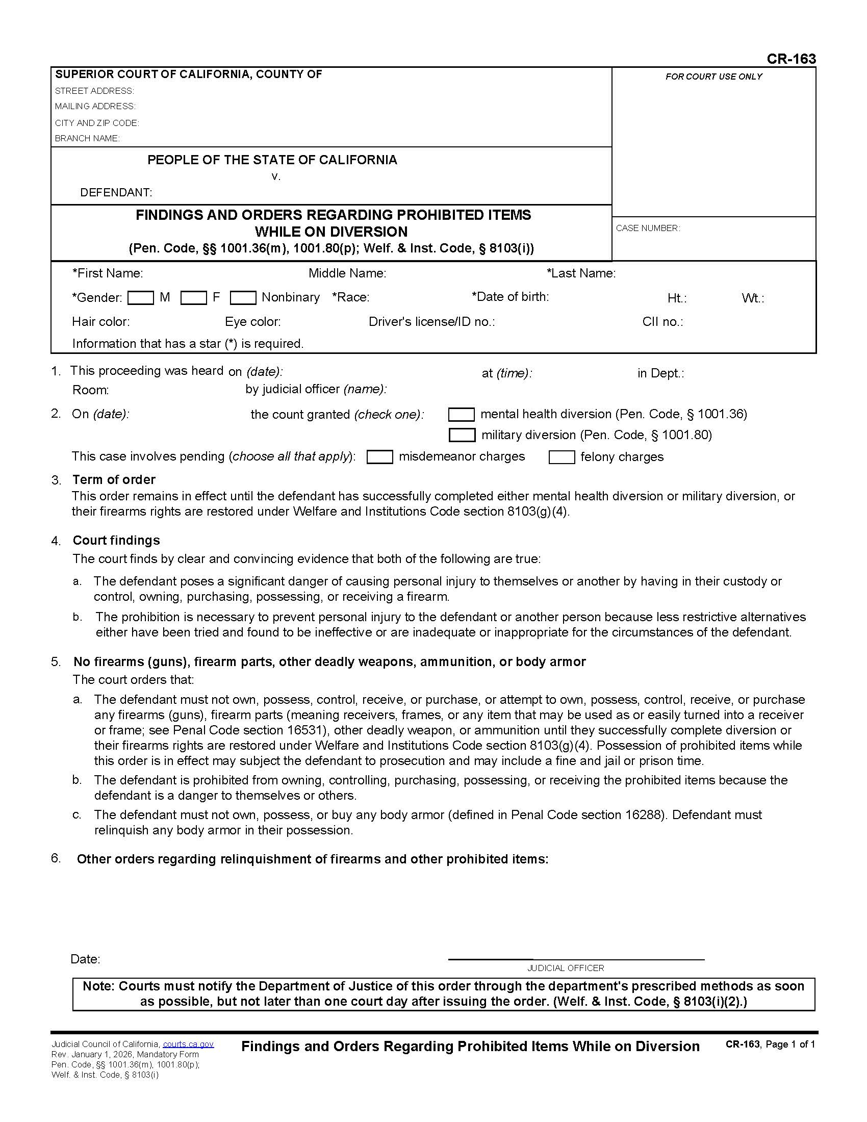 Findings And Orders Regarding Prohibited Items While On Diversion {CR-163} | Pdf Fpdf Docx | California