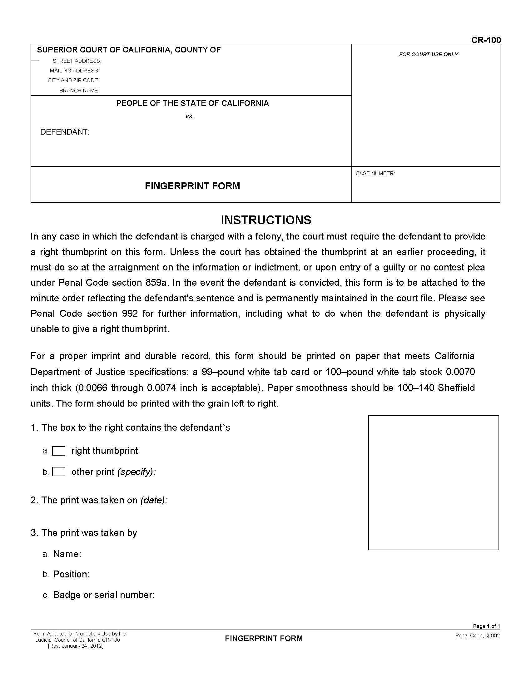 Fingerprint Form {CR-100} | Pdf Fpdf Doc Docx | California