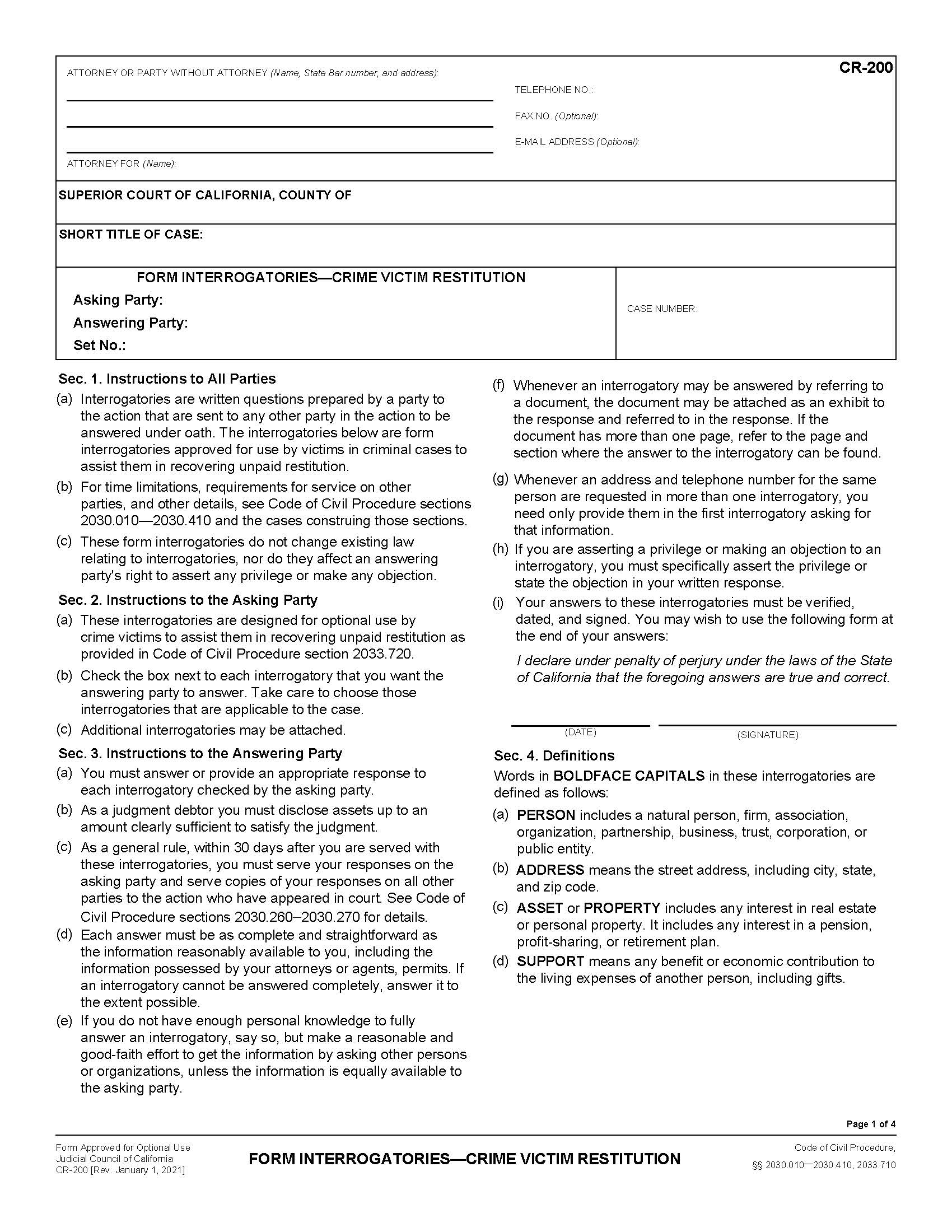 Form Interrogatories-Crime Victim Restitution {CR-200} | Pdf Fpdf Doc Docx | California