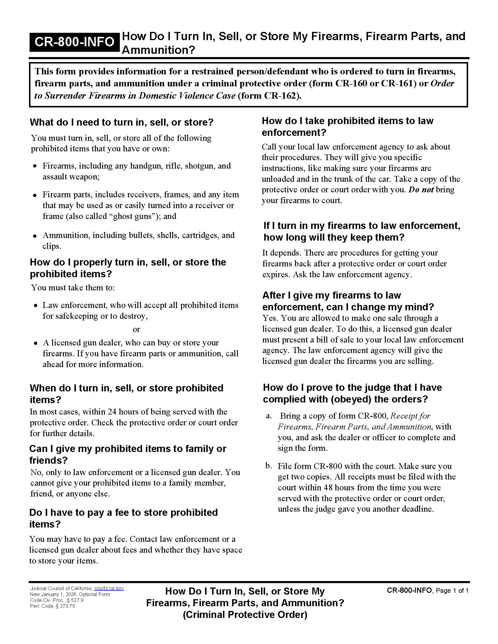 How Do I Turn In Sell Or Store My Firearms Firearm Parts {CR-800-INFO} | Pdf Fpdf Docx | California