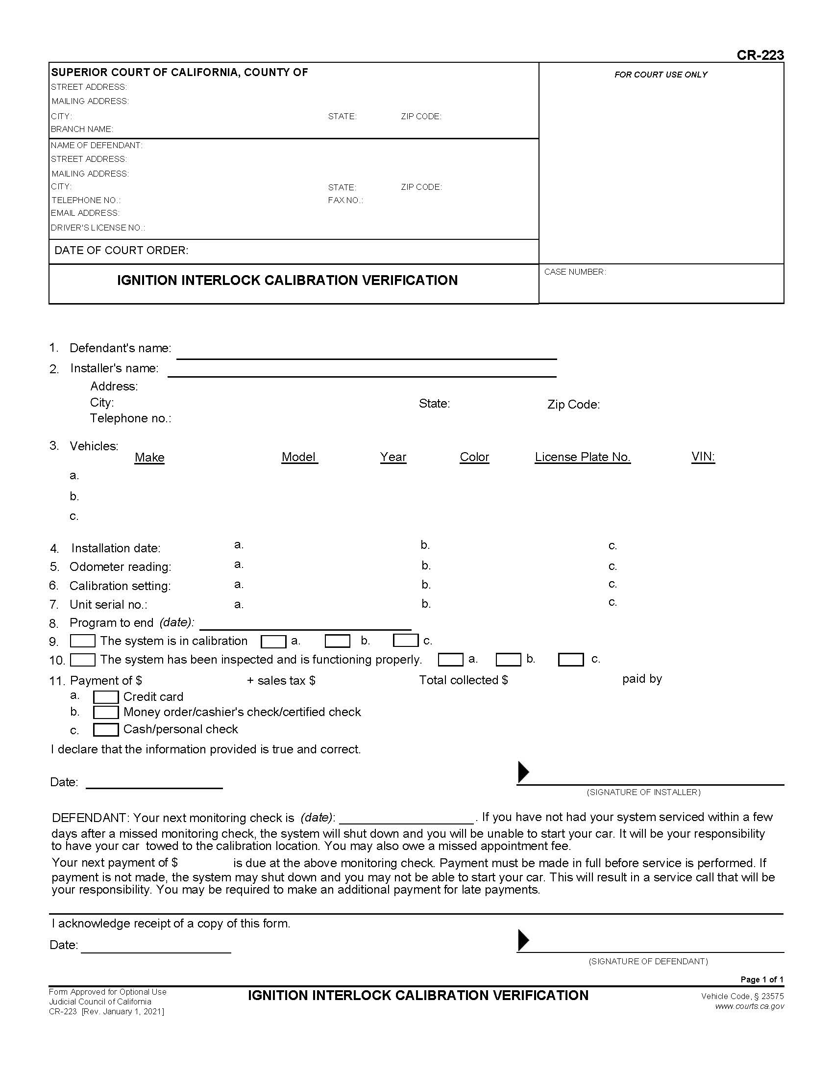Ignition Interlock Calibration Verification {CR-223} | Pdf Fpdf Docx | California