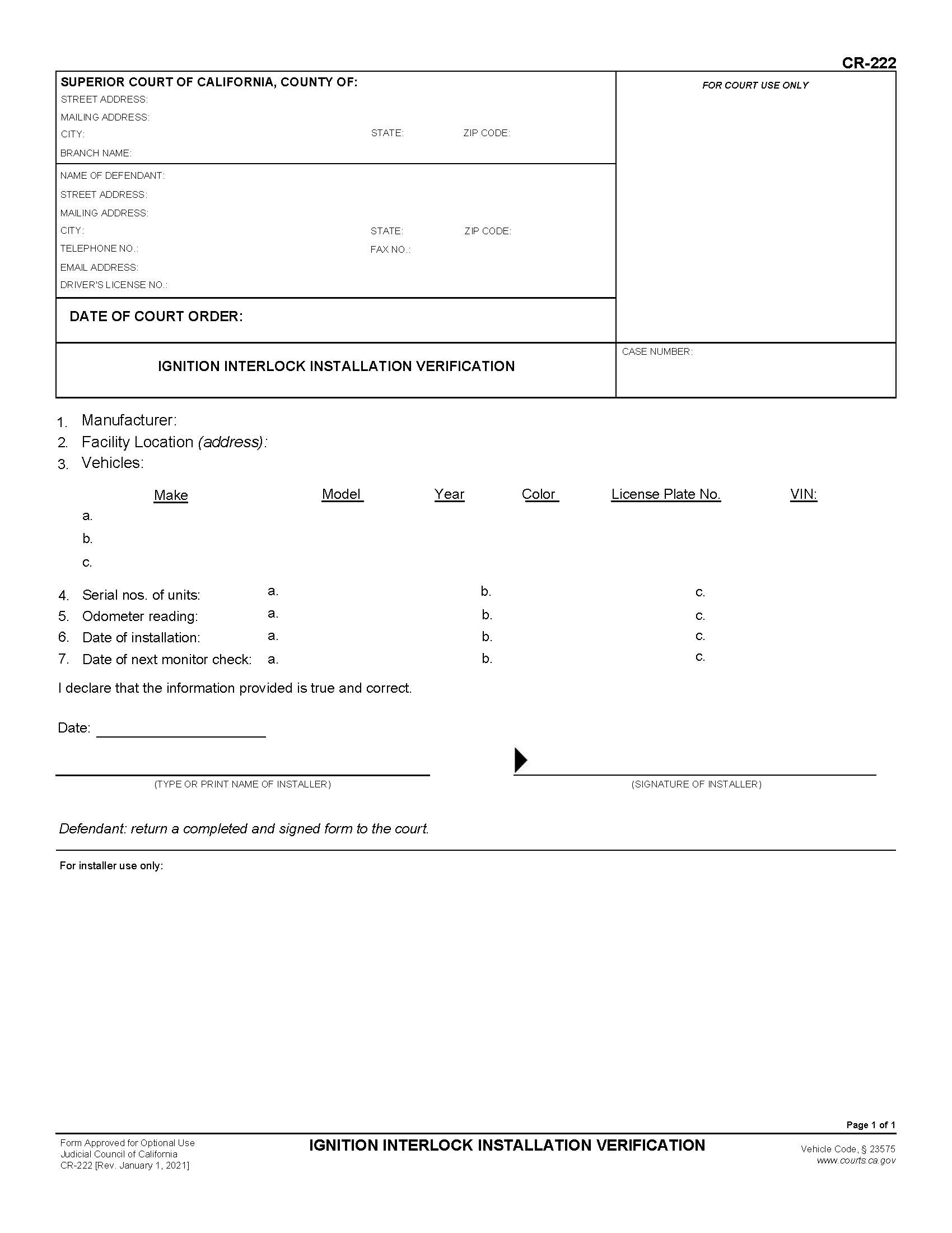 Ignition Interlock Installation Verification {CR-222} | Pdf Fpdf Docx | California
