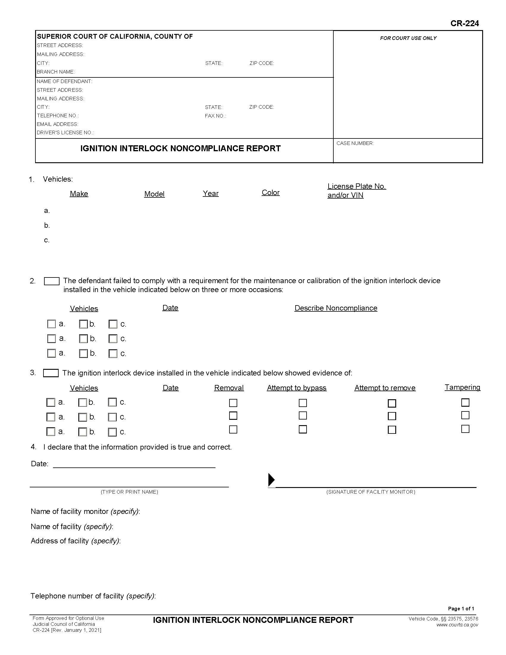 Ignition Interlock Noncompliance Report {CR-224} | Pdf Fpdf Docx | California
