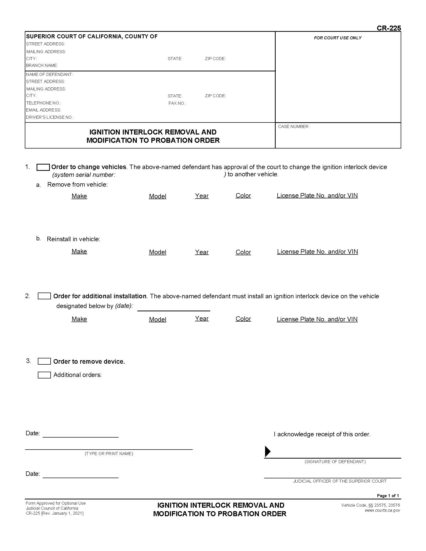 Ignition Interlock Removal And Modification To Probation Order {CR-225} | Pdf Fpdf Docx | California
