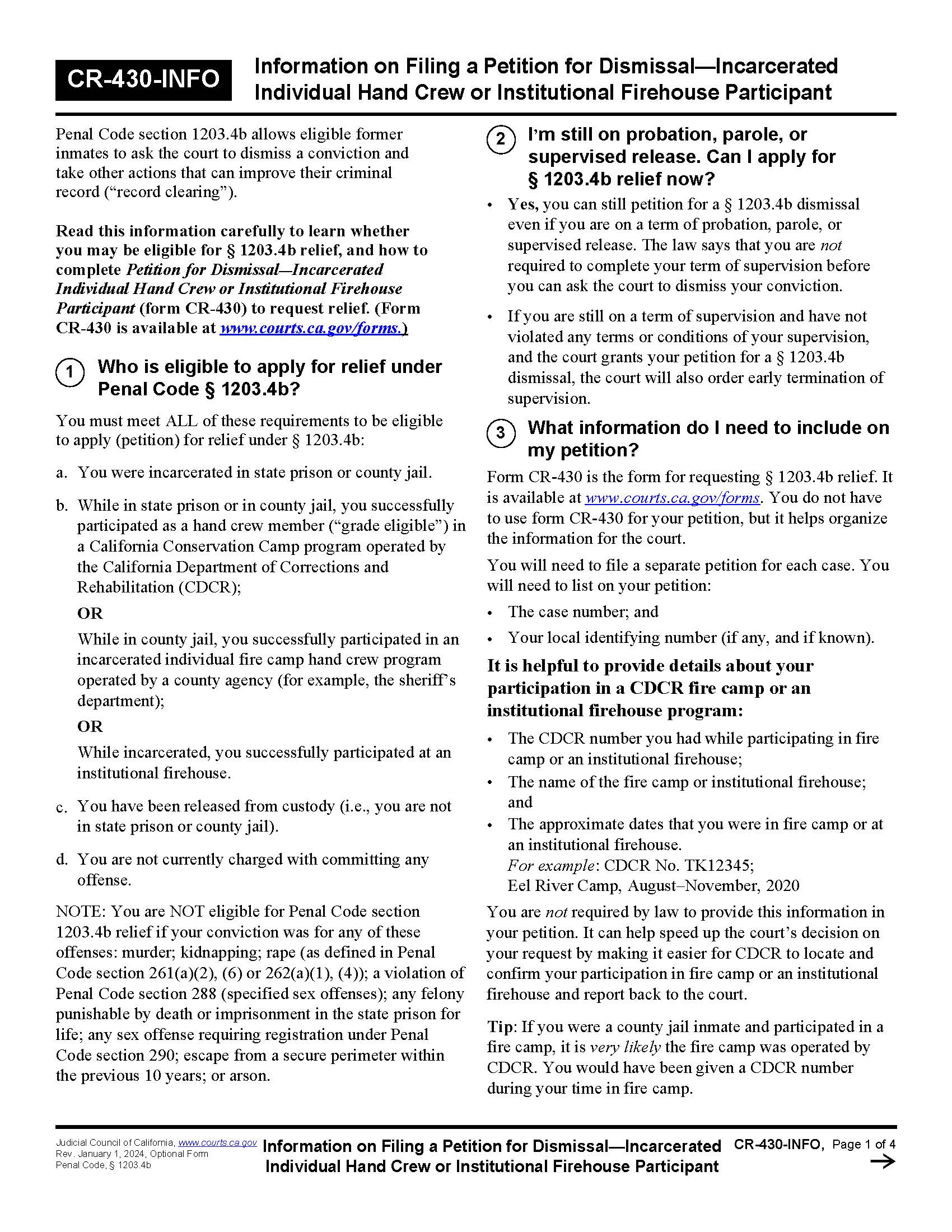 Information On Filing A Petition For Dismissal-Incarcerated Individual Hand Crew {CR-430-INFO} | Pdf Fpdf Docx | California