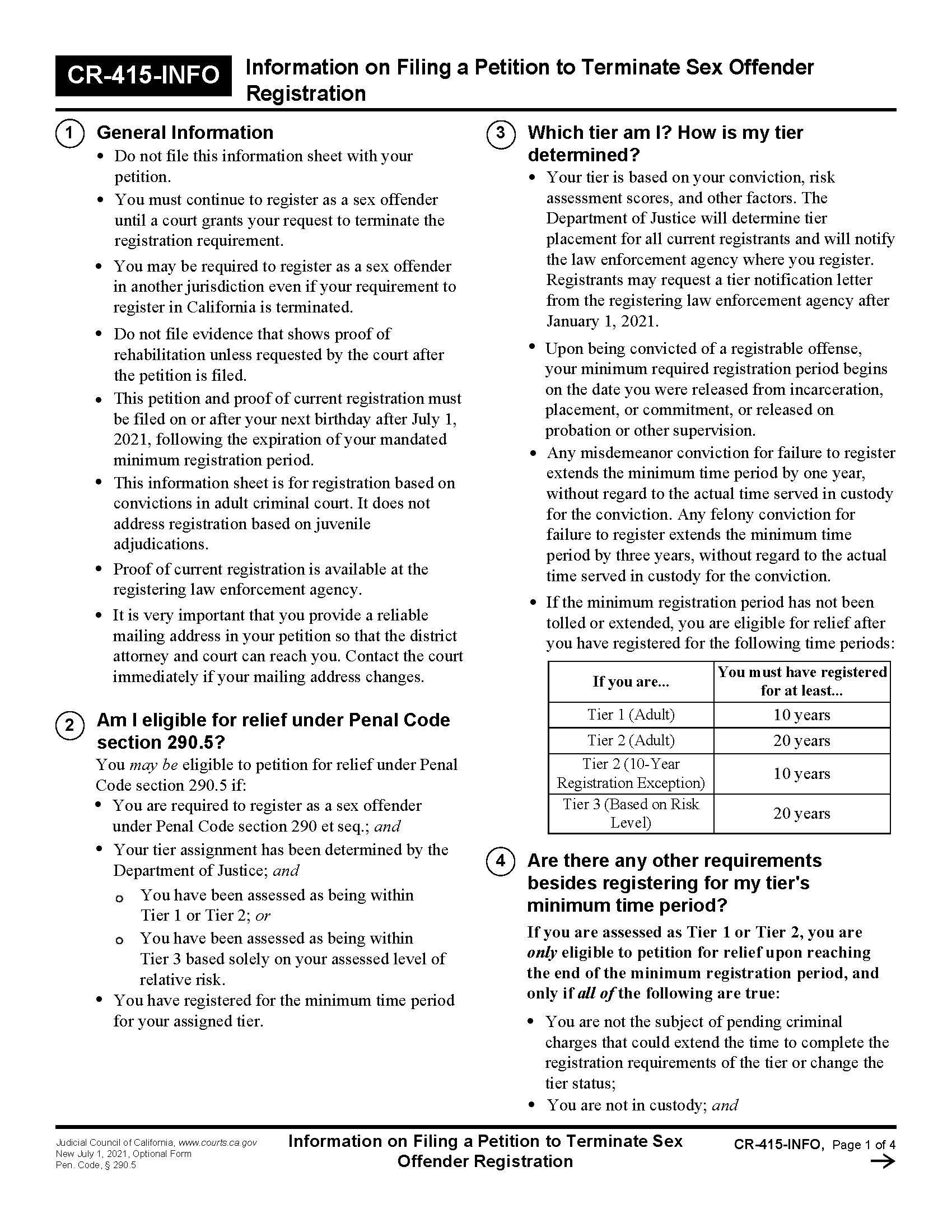 Information On Filing A Petition To Terminate Sex Offender Registration {CR-415-INFO} | Pdf Fpdf Docx | California