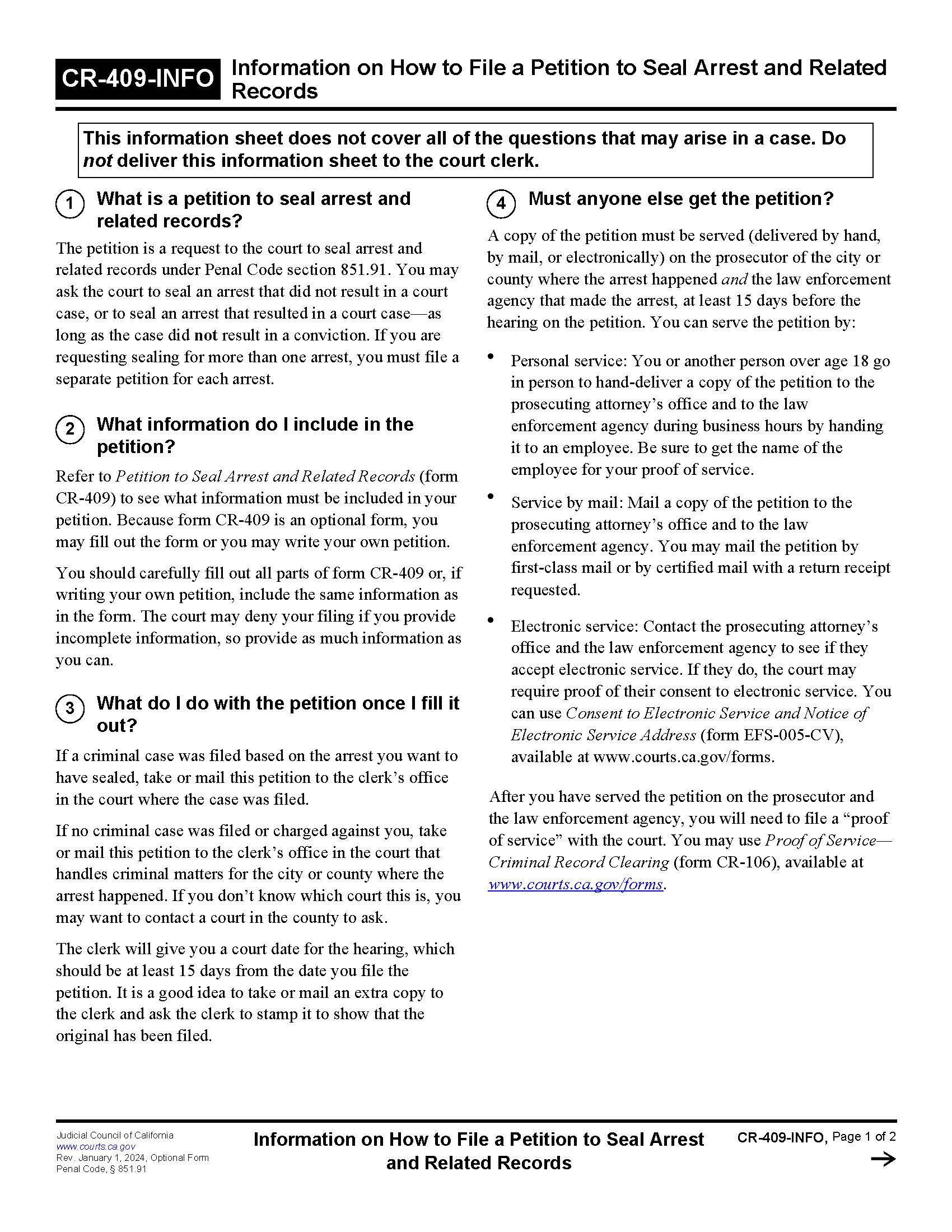 Information On How To File A Petition To Seal Arrest And Related Records {CR-409-INFO} | Pdf Fpdf Docx | California