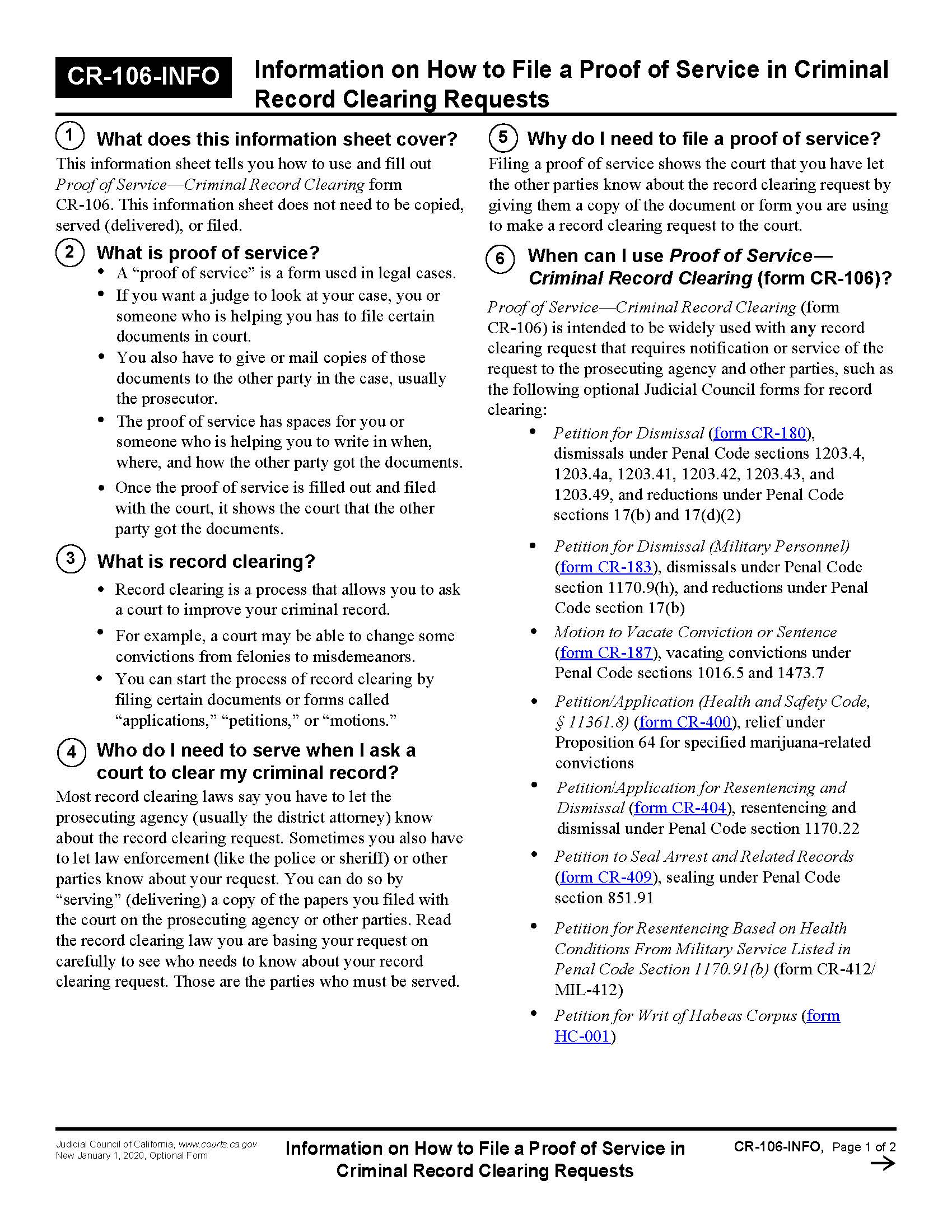 Information On How To File A Proof Of Service {CR-106-INFO} | Pdf Fpdf Docx | California