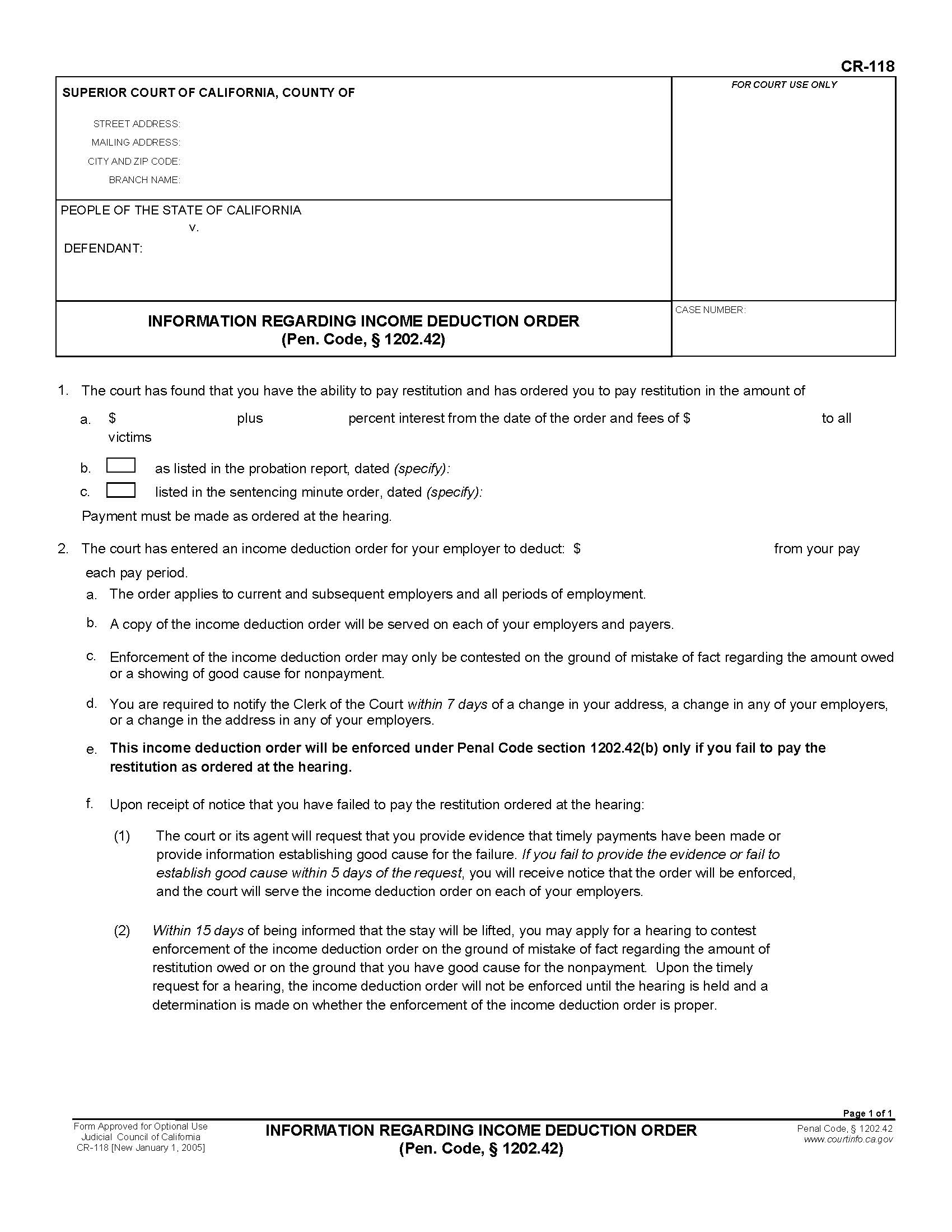 Information Regarding Income Deduction Order (Pen. Code 1202.42) {CR-118} | Pdf Fpdf Doc Docx | California