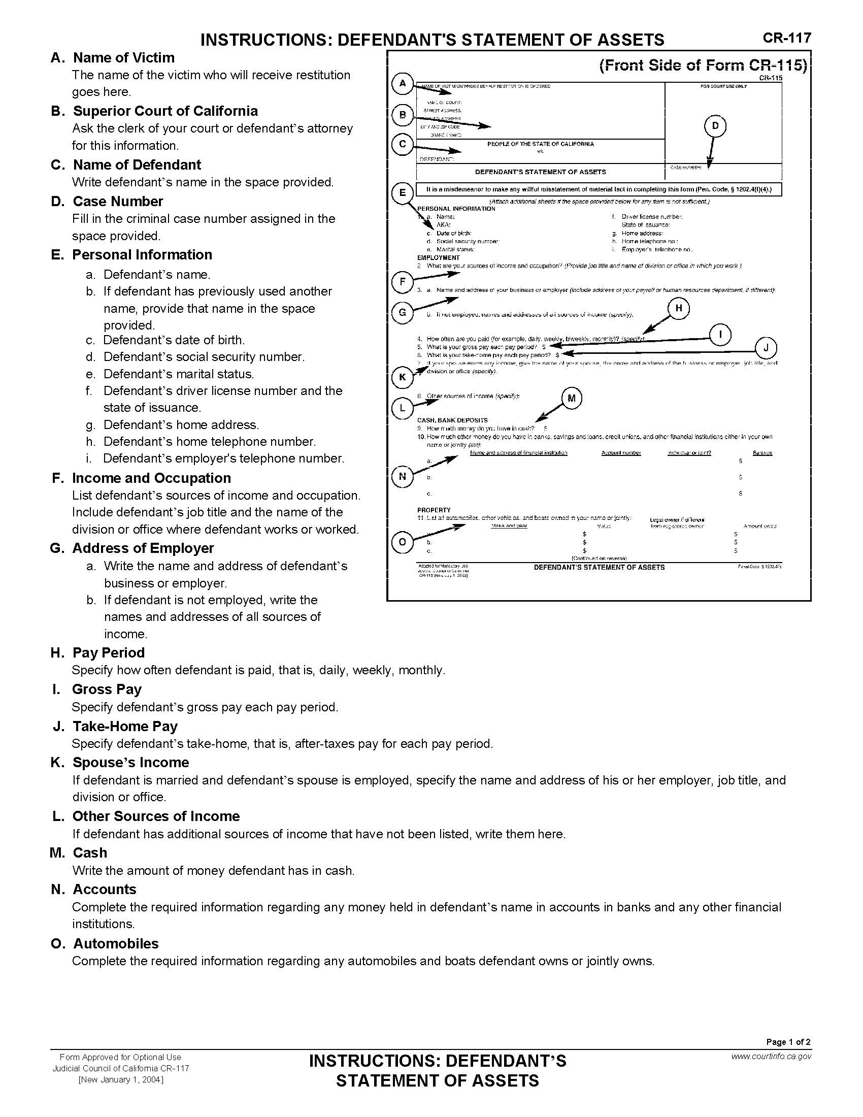 Instructions Defendants Statement Of Assets {CR-117} | Pdf Docx | California