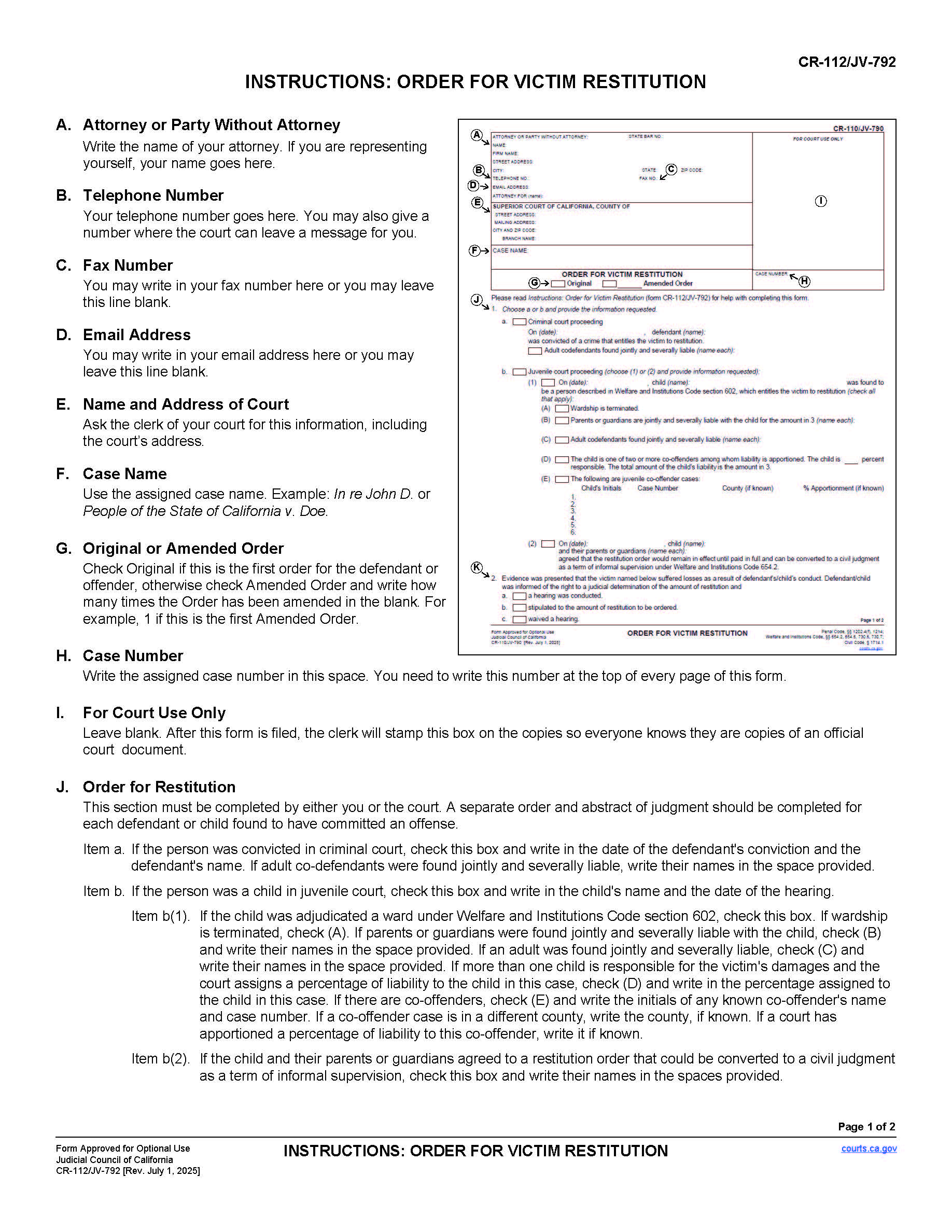 Instructions Order For Victim Restitution {CR-112 JV-792} | Pdf Fpdf Docx | California