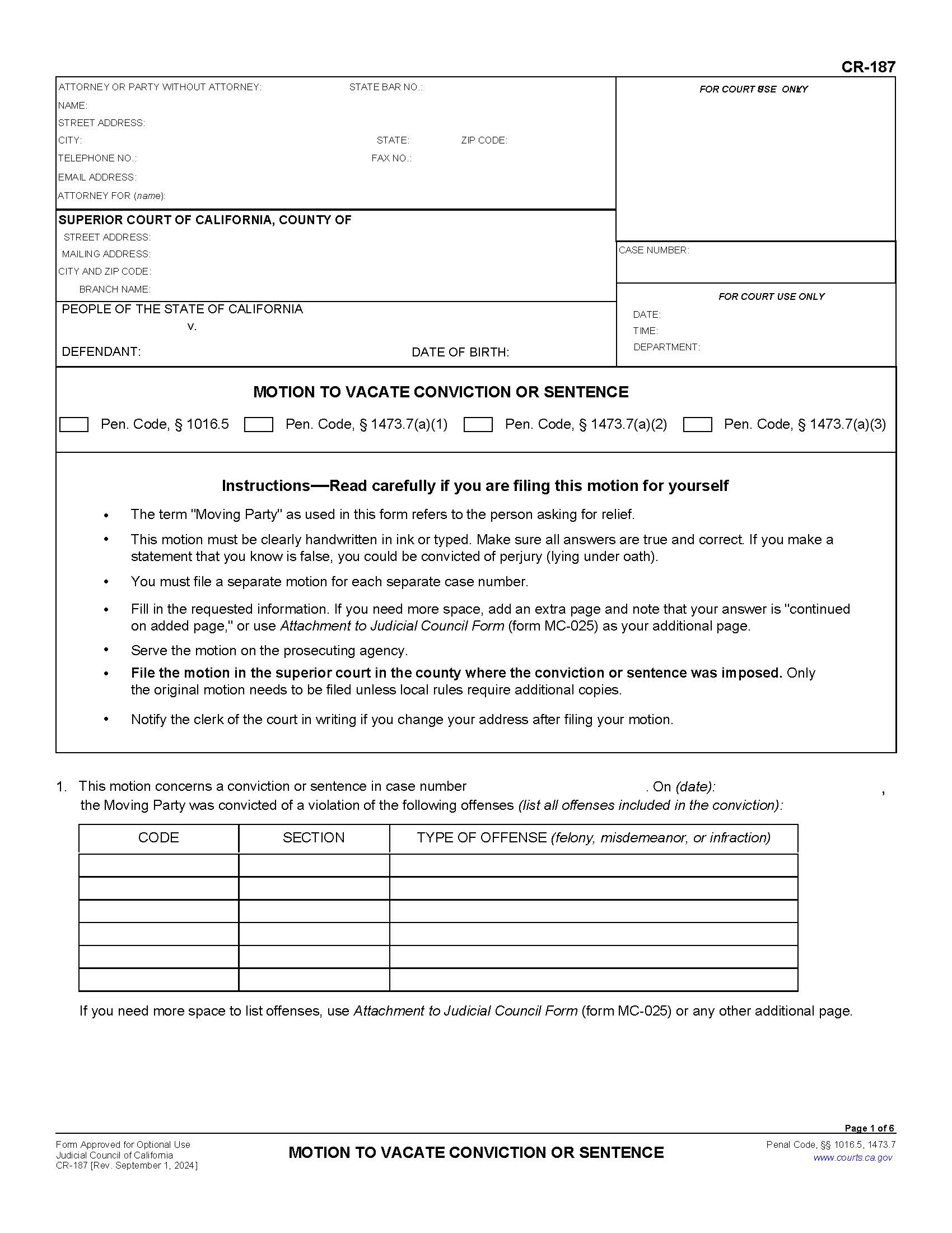 Motion To Vacate Conviction Or Sentence {CR-187} | Pdf Fpdf Docx | California