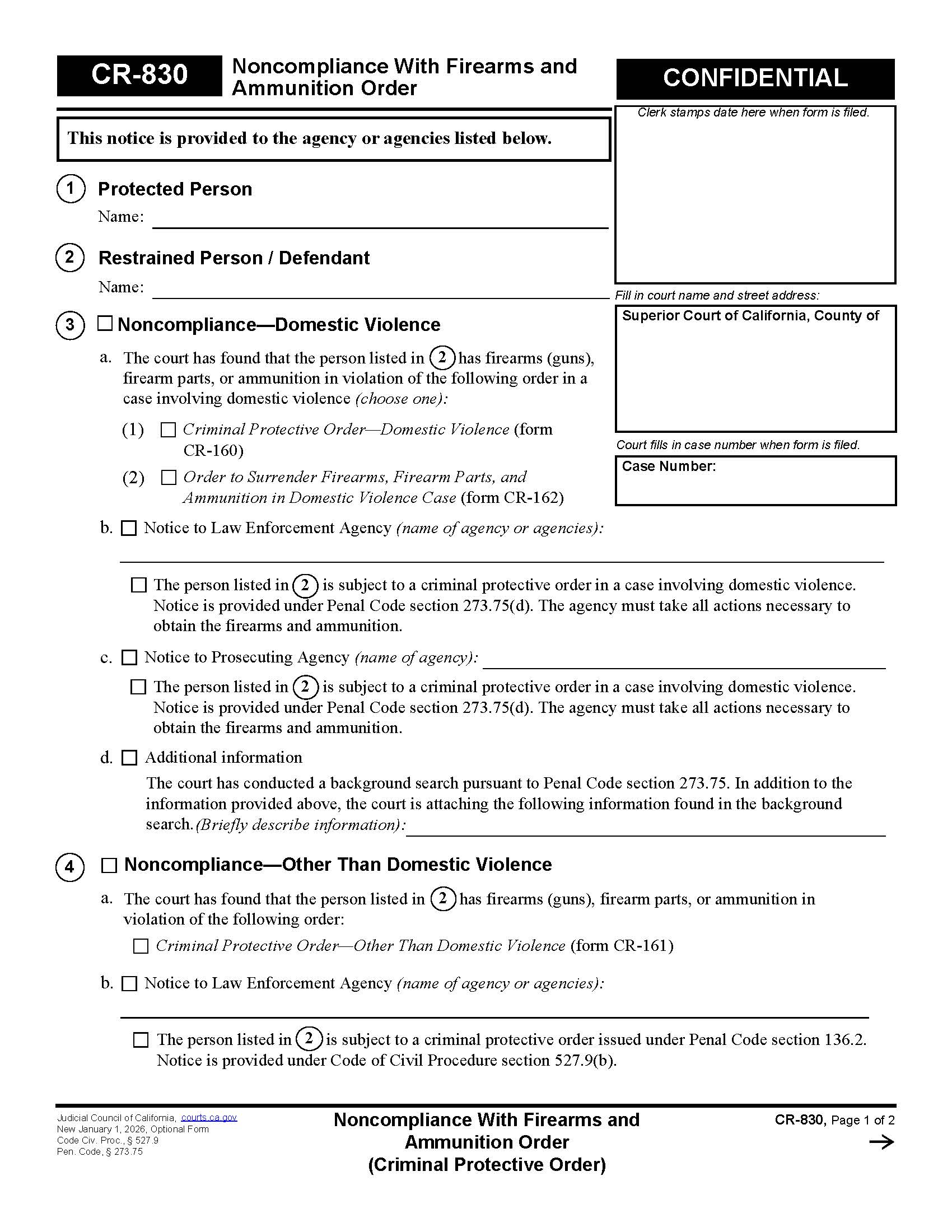 Noncompliance With Firearms And Ammunition Order (Criminal Protective Order) {CR-830} | Pdf Fpdf Docx | California