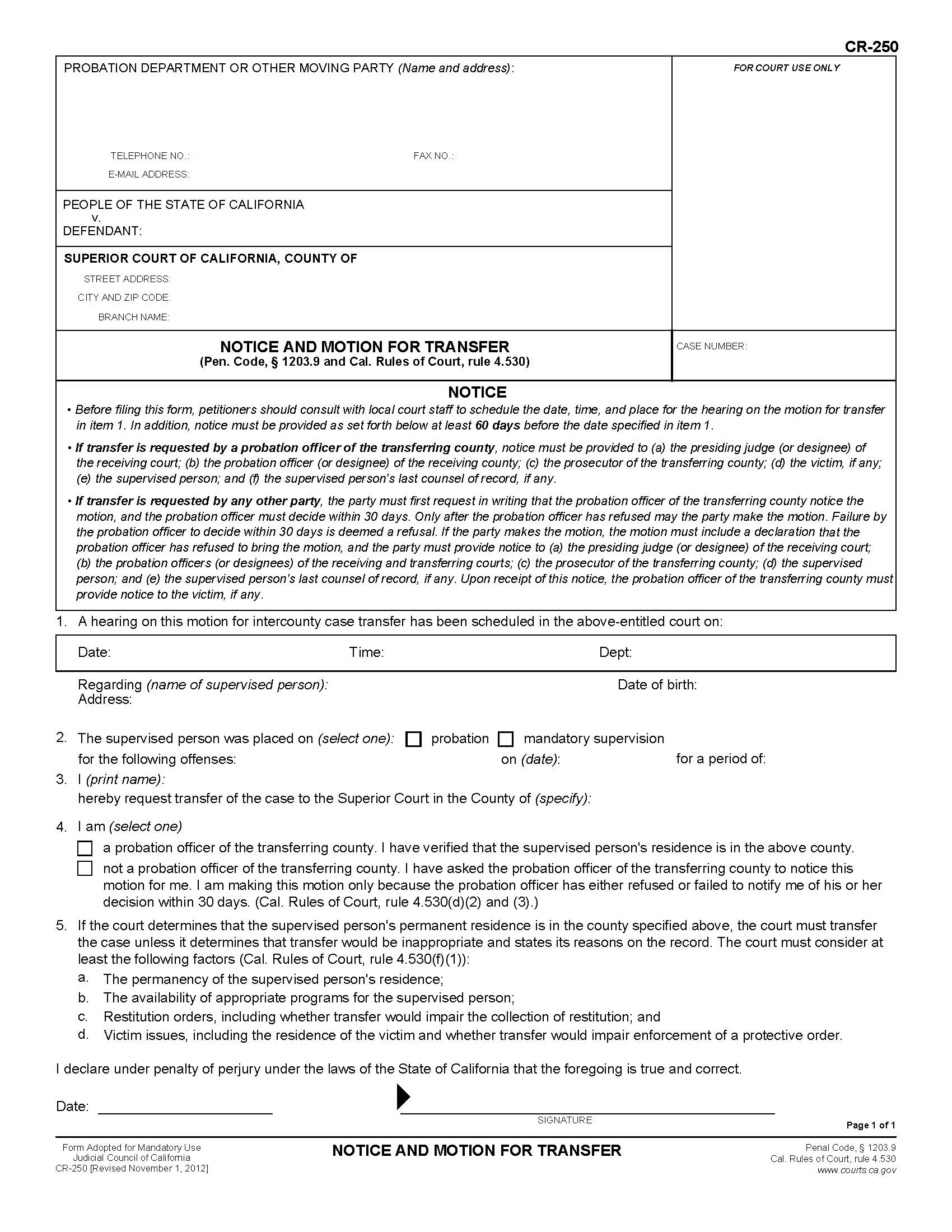 Notice And Motion For Tranfer {CR-250} | Pdf Fpdf Doc Docx | California