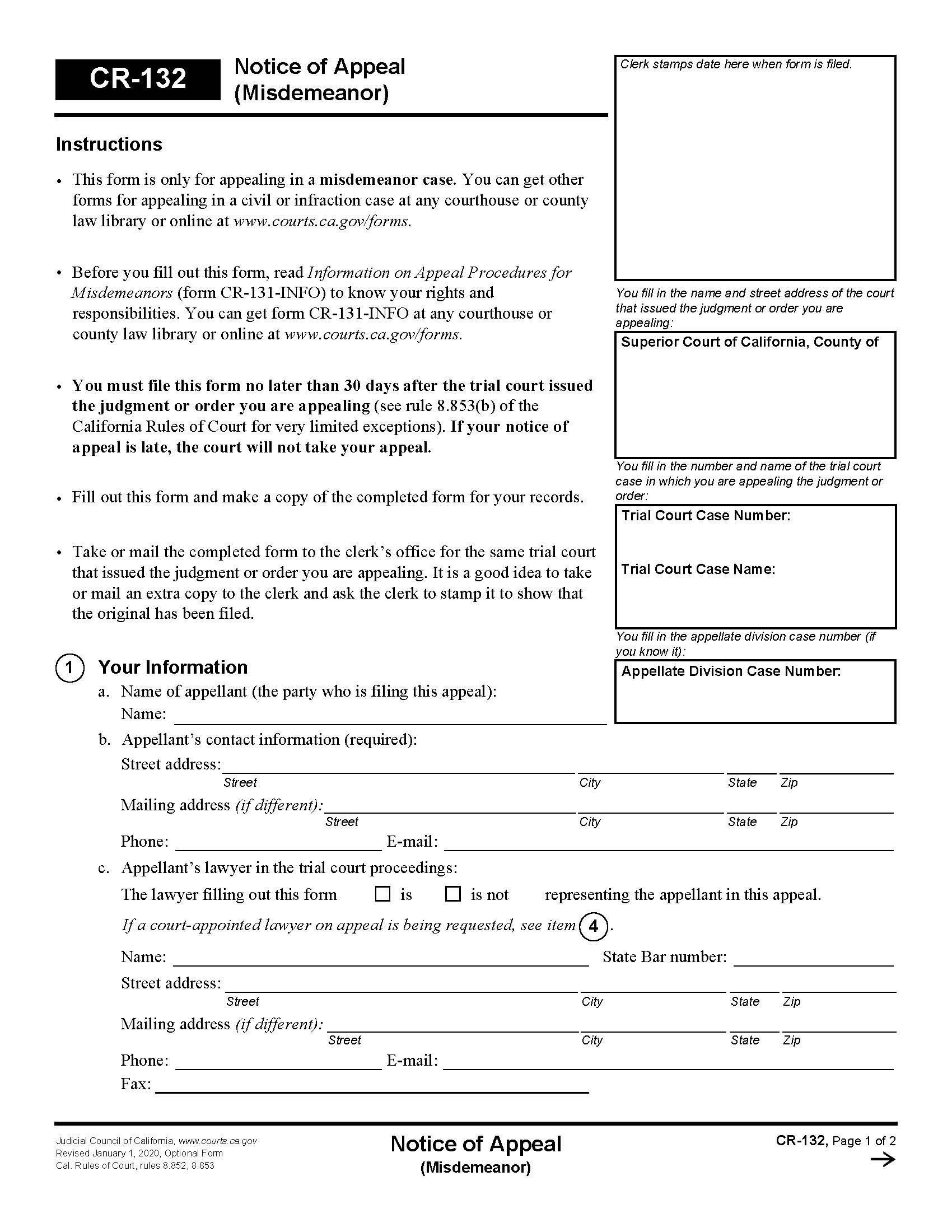 Notice Of Appeal (Misdemeanor) {CR-132} | Pdf Fpdf Docx | California