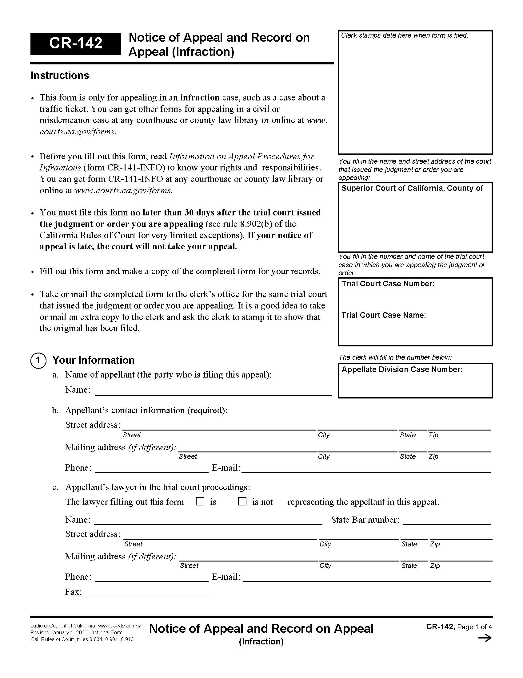 Notice Of Appeal And Record On Appeal {CR-142} | Pdf Fpdf Docx | California