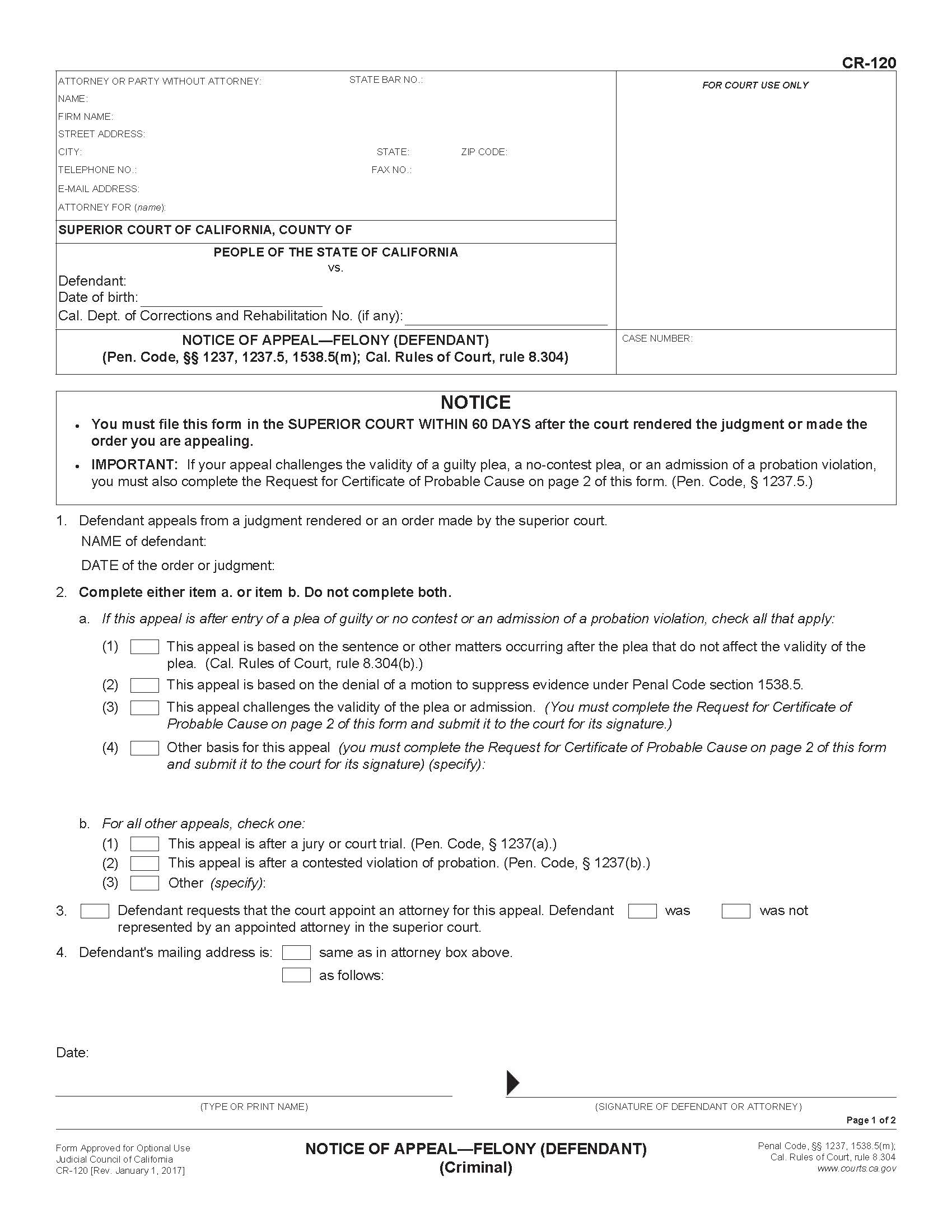 Notice Of Appeal-Felony (Defendant) {CR-120} | Pdf Fpdf Doc Docx | California
