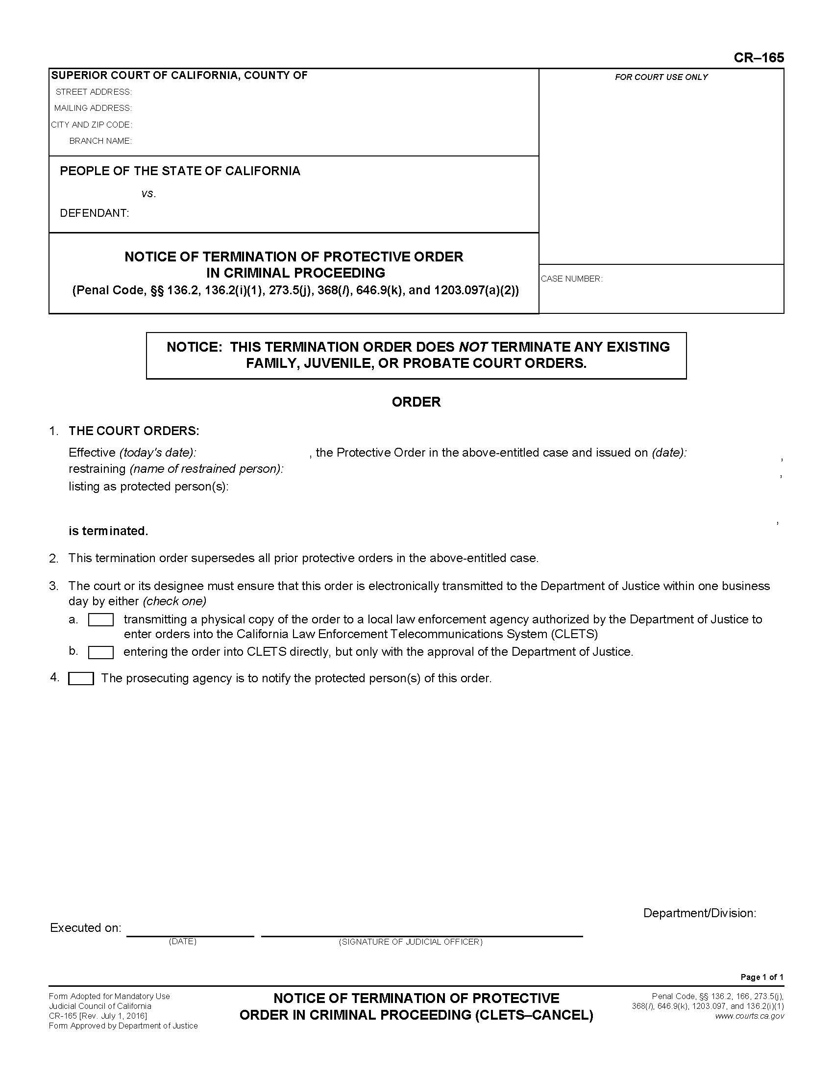 Notice Of Termination Of Protective Order In Criminal Proceeding (CLETS-CANCEL) {CR-165} | Pdf Fpdf Doc Docx | California