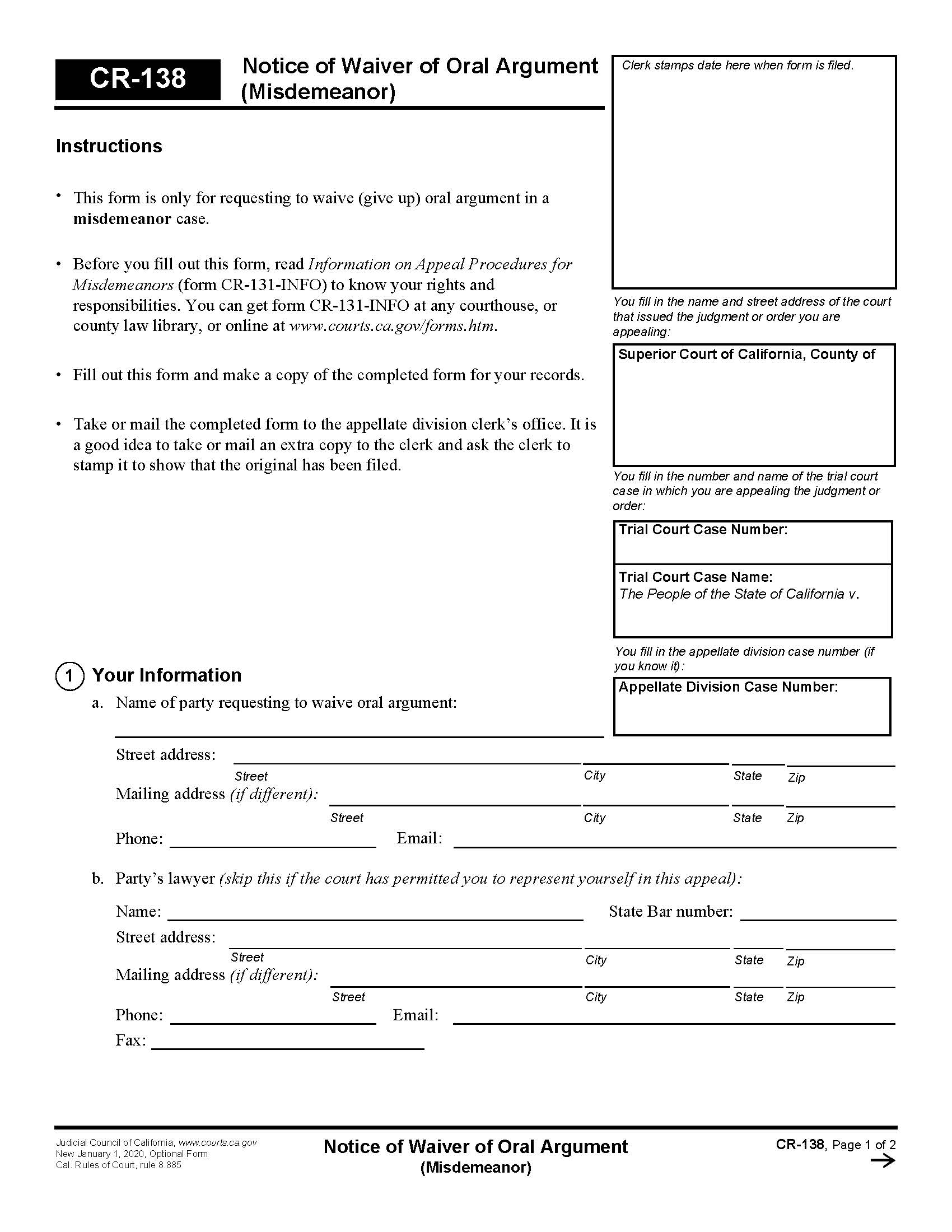 Notice Of Waiver Of Oral Argument (Misdemeanor) {CR-138} | Pdf Fpdf Docx | California