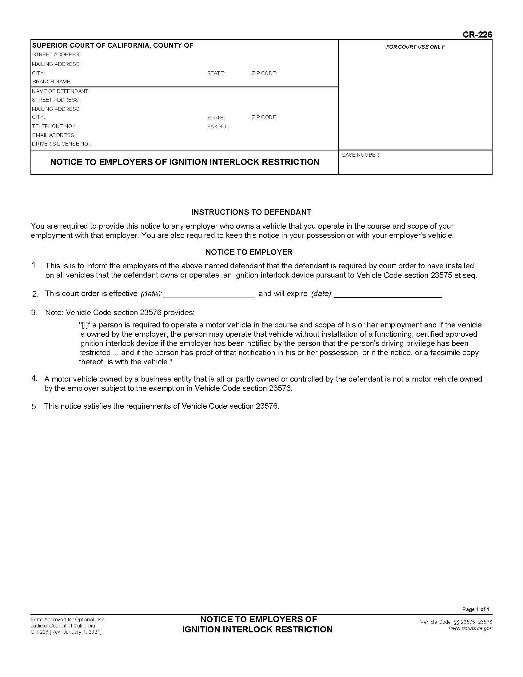 Notice To Employers Of Ignition Interlock Restriction {CR-226} | Pdf Fpdf Docx | California