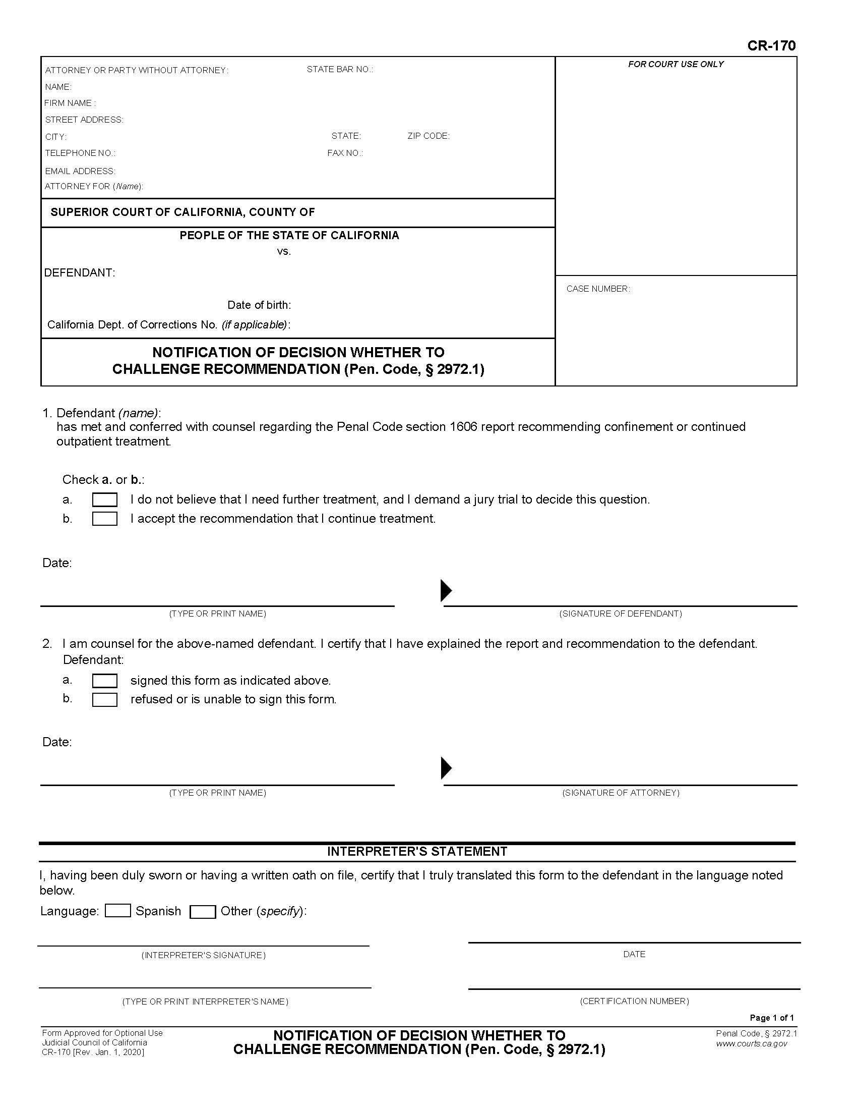 Notification Of Decision Whether To Challenge Recommendation {CR-170} | Pdf Fpdf Doc Docx | California