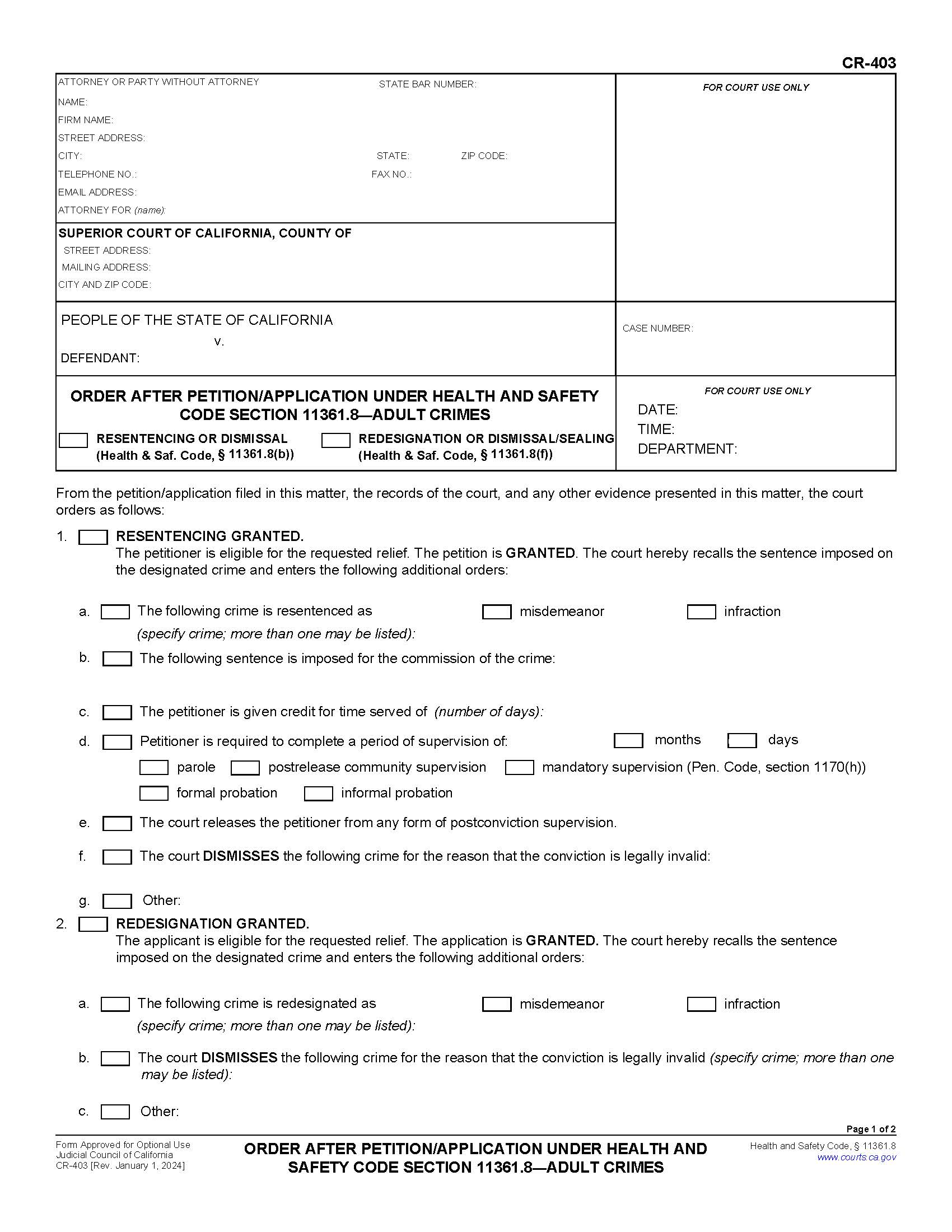 Order After Petition-Application Adult Crimes {CR-403} | Pdf Fpdf Doc Docx | California