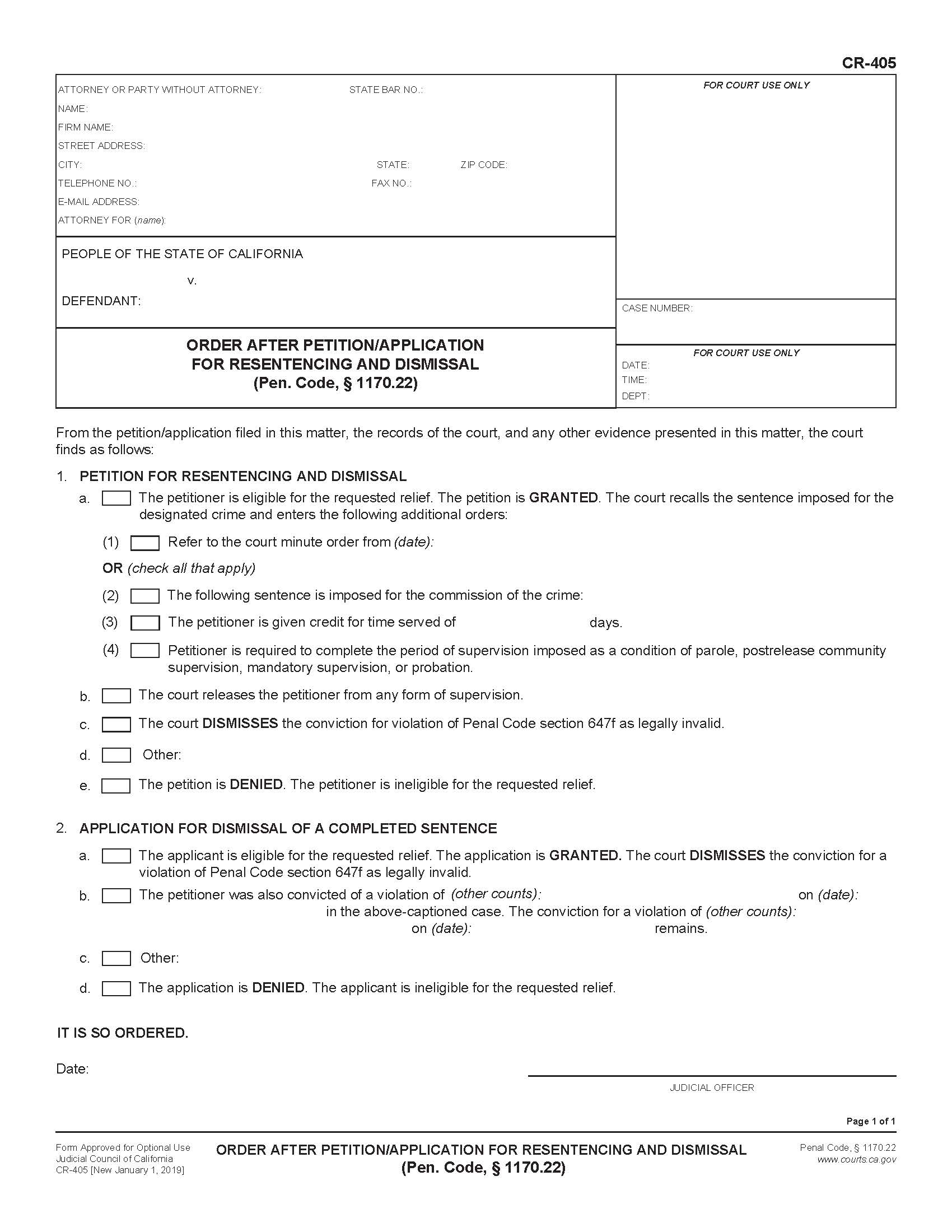 Order After Petition-Application For Resentencing And Dismissal {CR-405} | Pdf Fpdf Docx | California