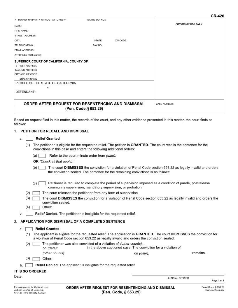 Order After Request For Resentencing And Dismissal (Pen. Code 653.239) {CR-426} | Pdf Fpdf Docx | California