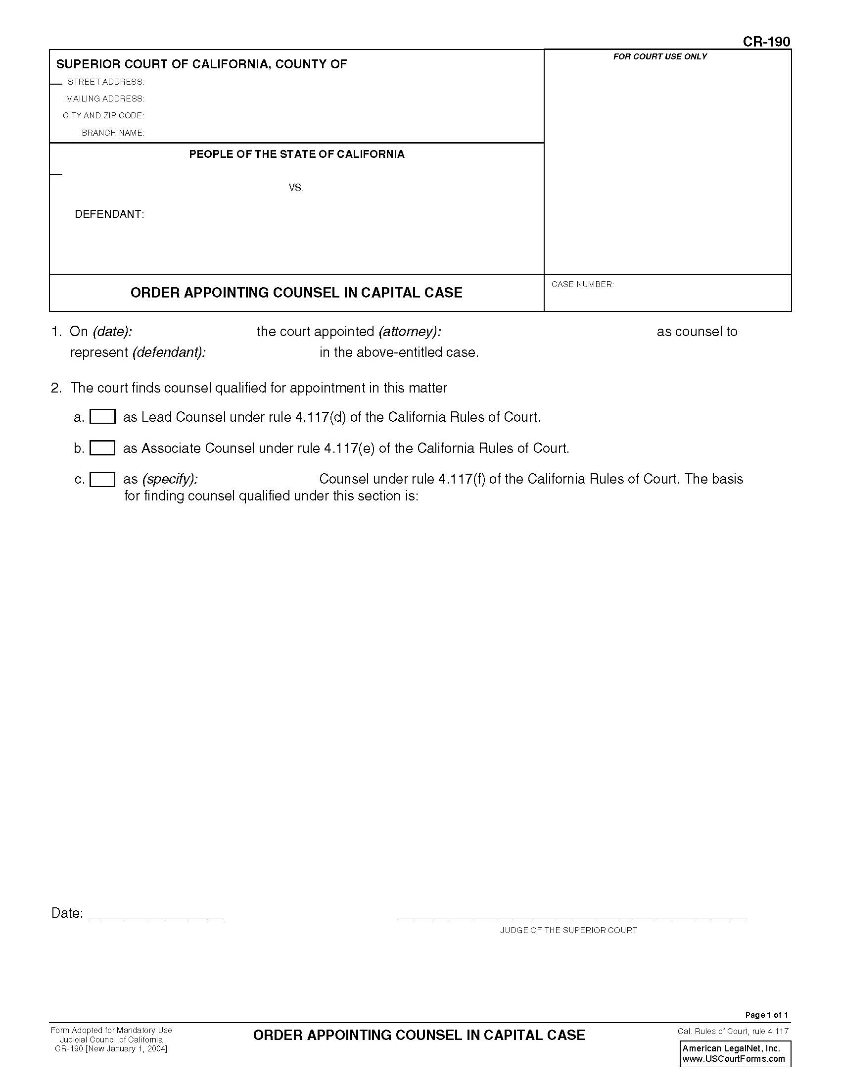 Order Appointing Counsel In Capital Case {CR-190} | Pdf Fpdf Doc Docx | California
