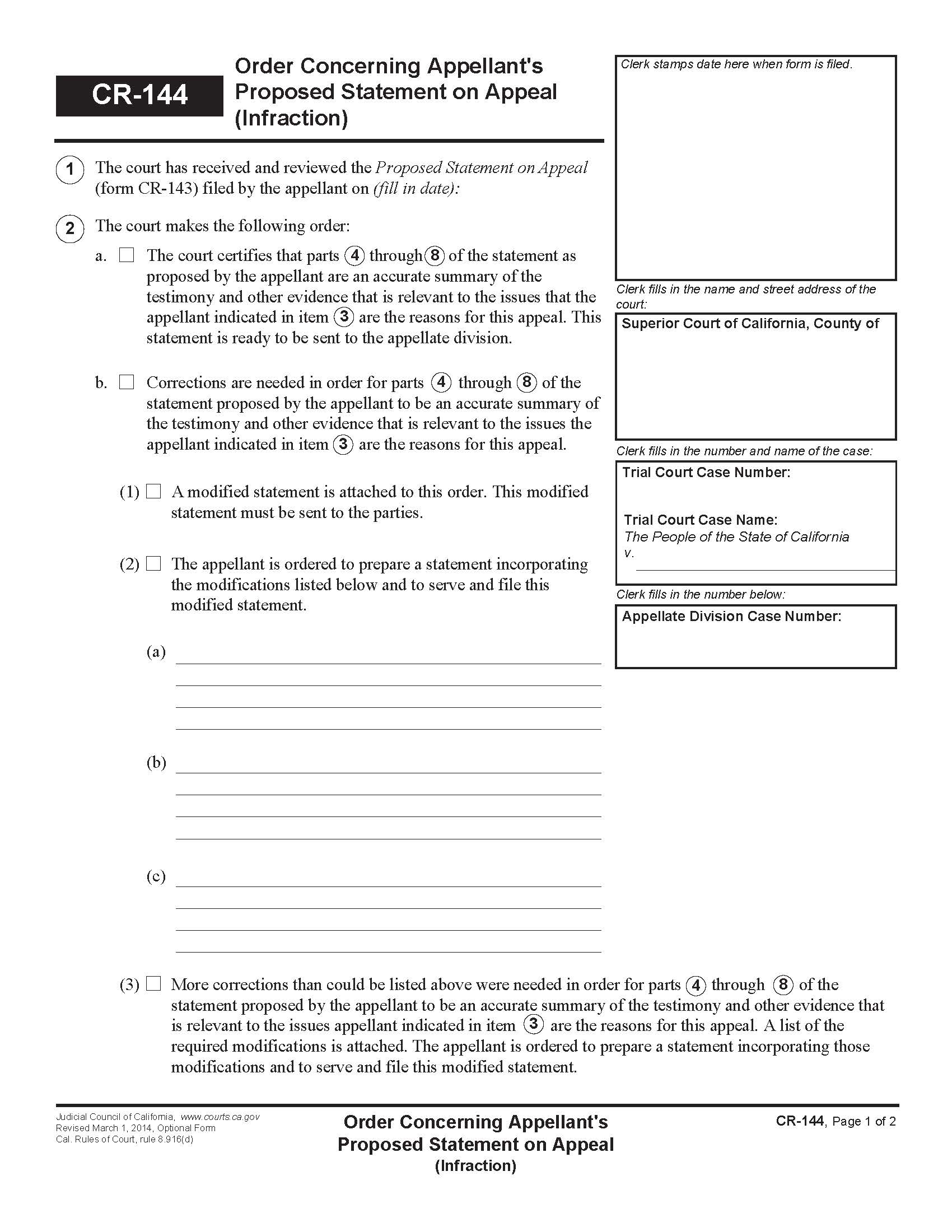 Order Concerning Appellants Proposed Statement On Appeal (Infraction) {CR-144} | Pdf Fpdf Doc Docx | California