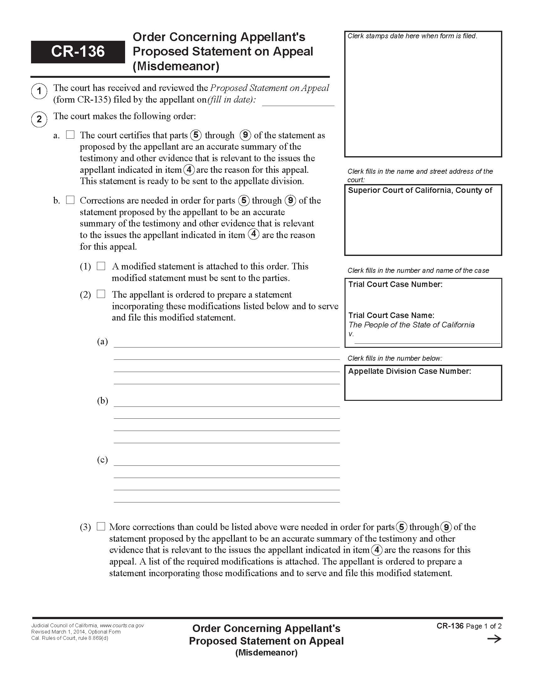 Order Concerning Appellants Proposed Statement On Appeal (Misdemeanor) {CR-136} | Pdf Fpdf Doc Docx | California