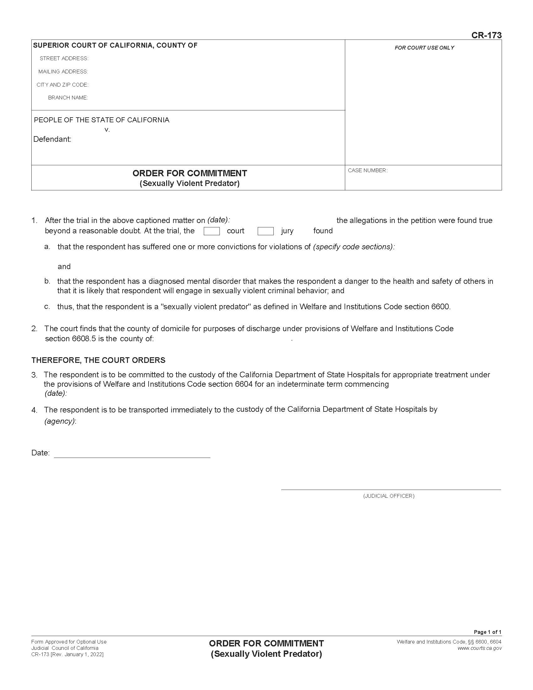 Order For Commitment (Sexually Violent Predator) {CR-173} | Pdf Fpdf Docx | California