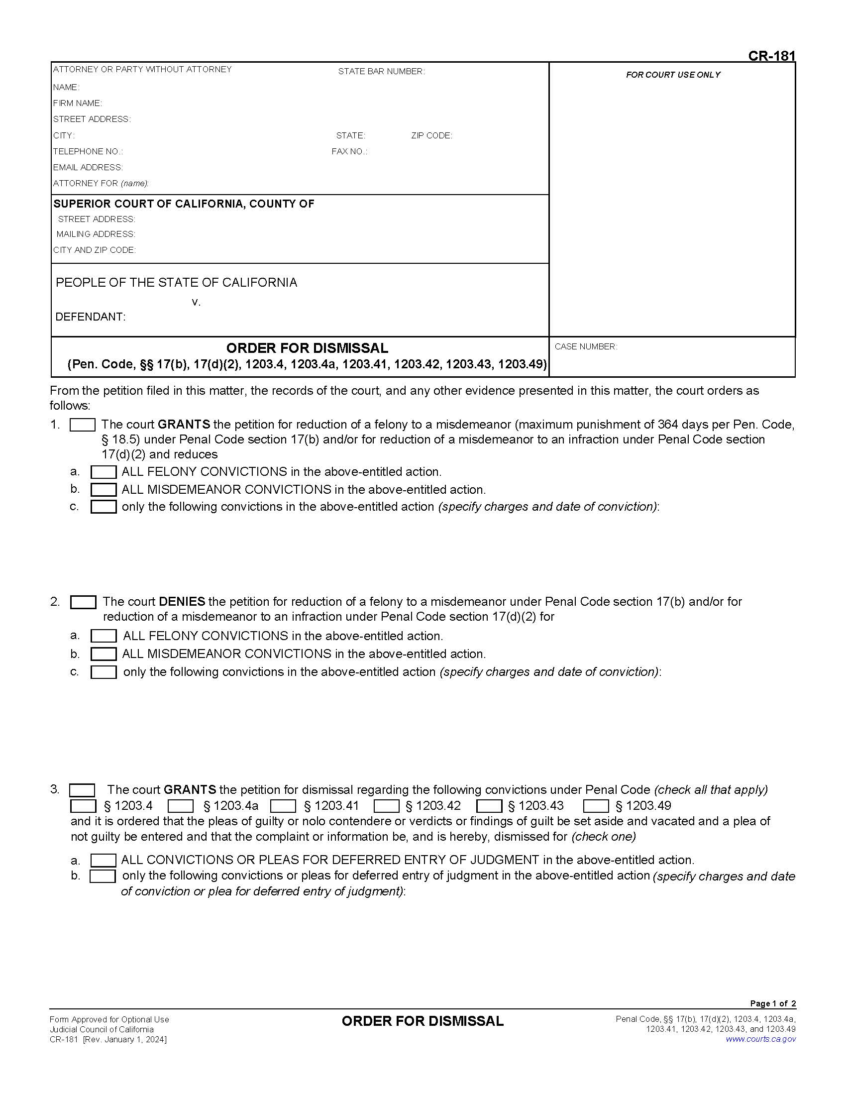 Order For Dismissal {CR-181} | Pdf Fpdf Docx | California