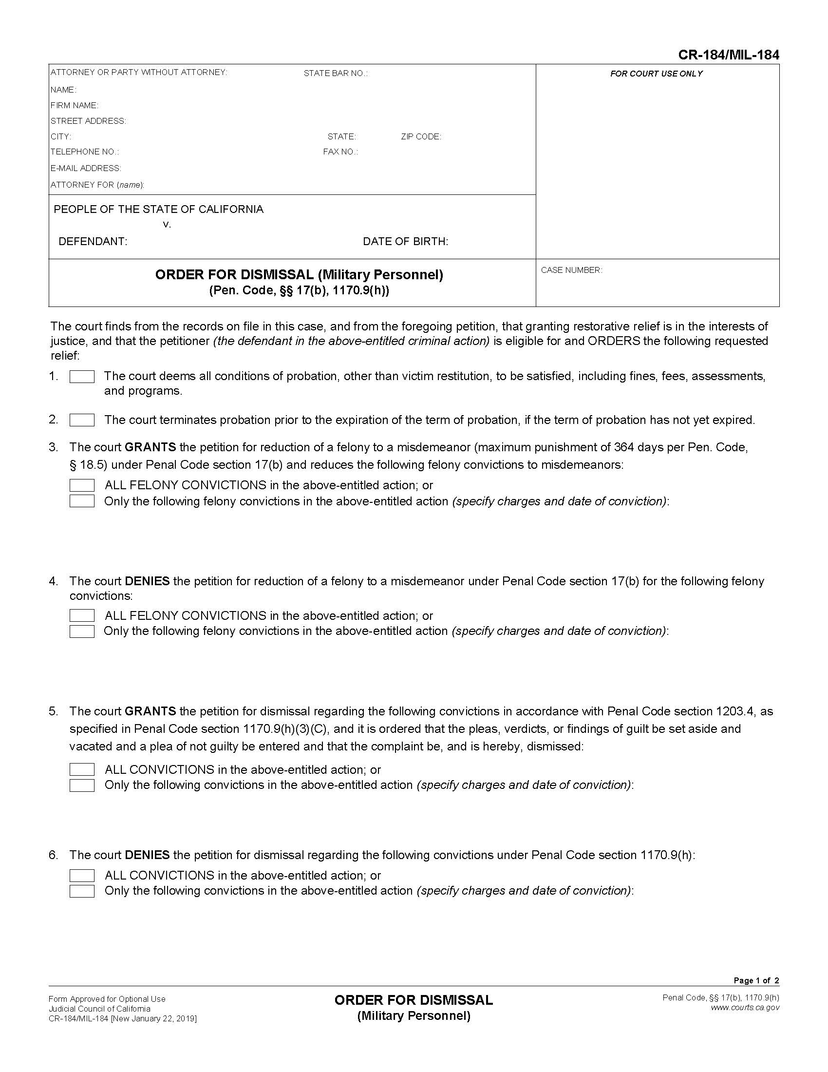 Order For Dismissal (Military Personnel) {CR-184 MIL-184} | Pdf Fpdf Doc Docx | California