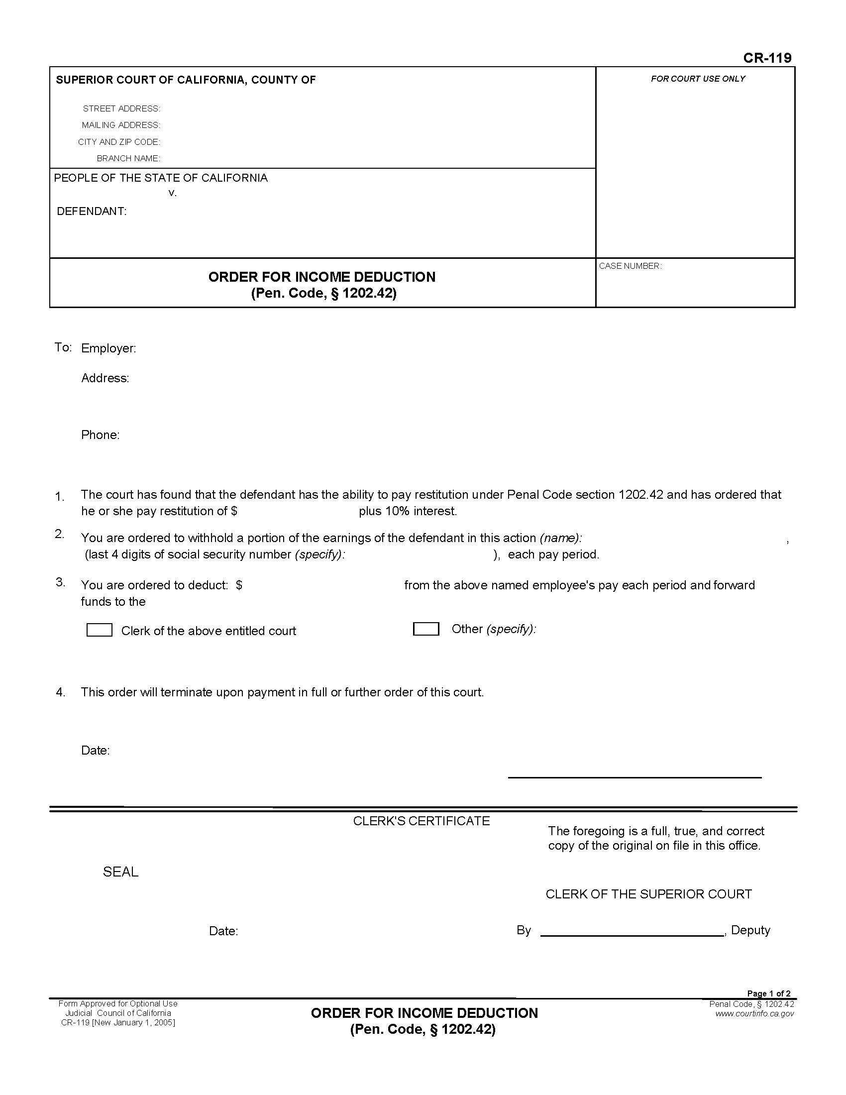 Order For Income Deduction (Pen. Code 1202.42) {CR-119} | Pdf Fpdf Doc Docx | California