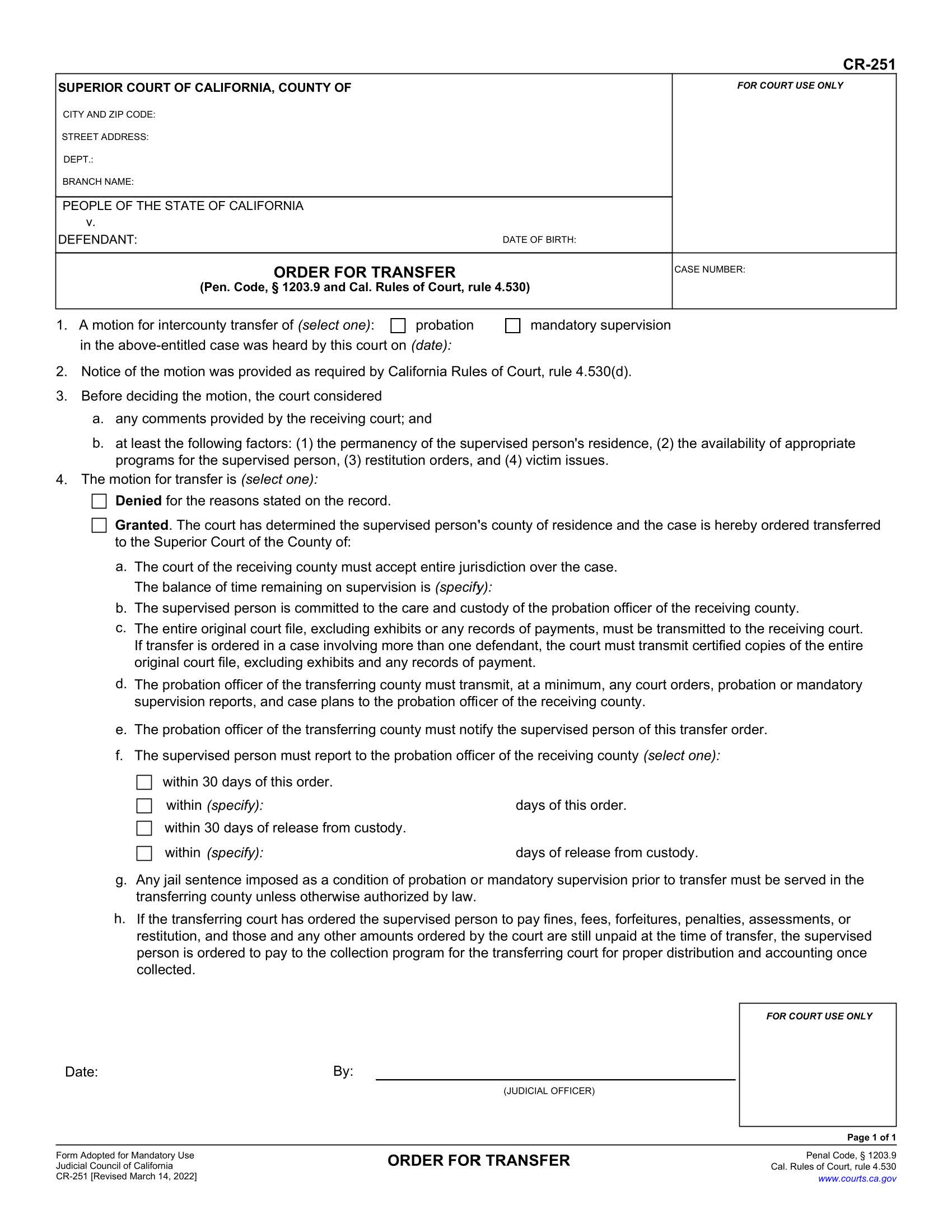 Order For Transfer (Criminal) {CR-251} | Pdf Fpdf Docx | California