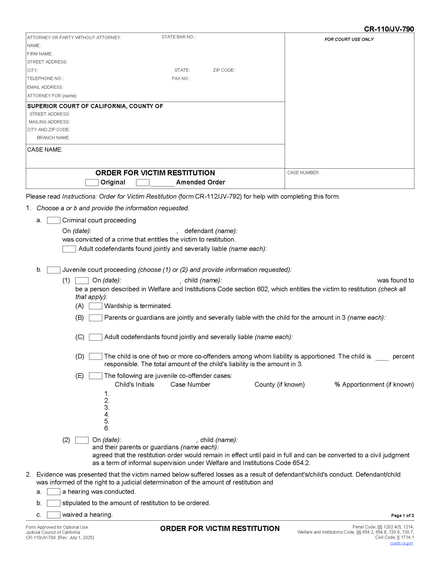 Order For Victim Restitution {CR-110 JV-790} | Pdf Fpdf Docx | California