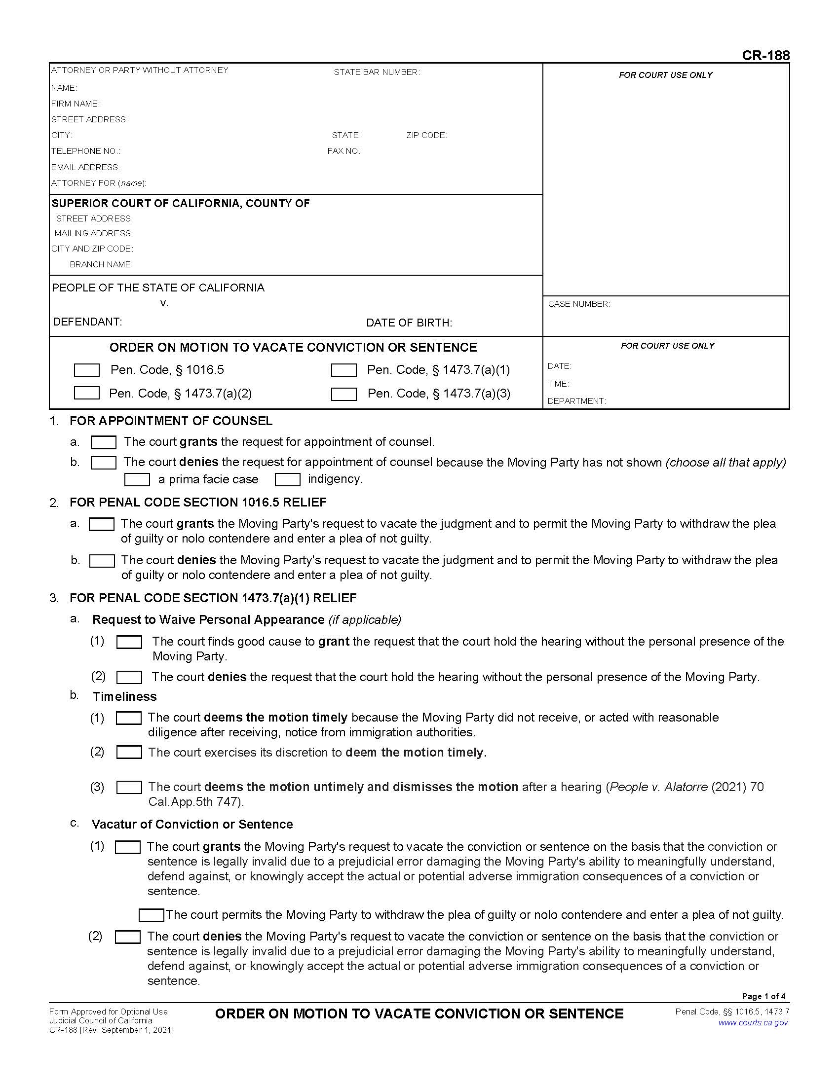 Order On Motion To Vacate Conviction Or Sentence {CR-188} | Pdf Fpdf Docx | California